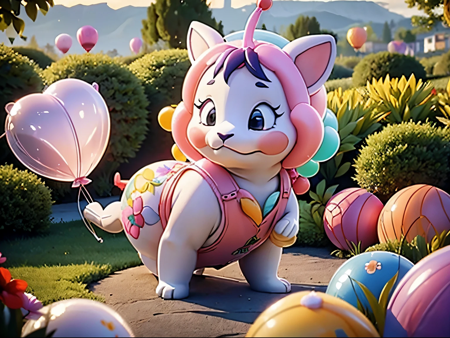 A girl in a garden, (best quality,4k,8k,highres,masterpiece:1.2), ultra-detailed, realistic, cinematic light, balloon animals