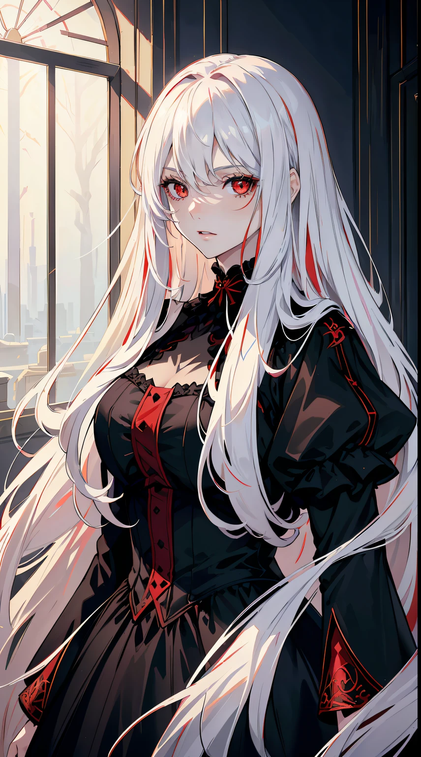 Pretty girl,red eyes,Red pupils,Long white hair,Hyper-Resolution,Accuracy,detailed render,(Subtle facial image)(fine hair images)(top-quality)(masterpiece of a master)(High integrity)(a sense of atmosphere)tmasterpiece,super detailed super detailed(bust)Wearing a black velvet dress