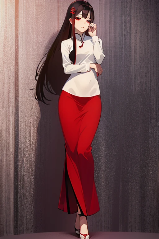 A dark-haired、Longhaire、Red Eye、Beautuful Women、qipao dress