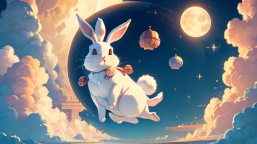 the huge moon,Big and round,Hang in the sky,There is a magnificent palace in the clouds,Shiny,around the clouds,Many little bunnies,A big rabbit,Holding mooncakes,Jump high,Fantastical,k hd,4K,Picture quality without impurities,HD outline,CG