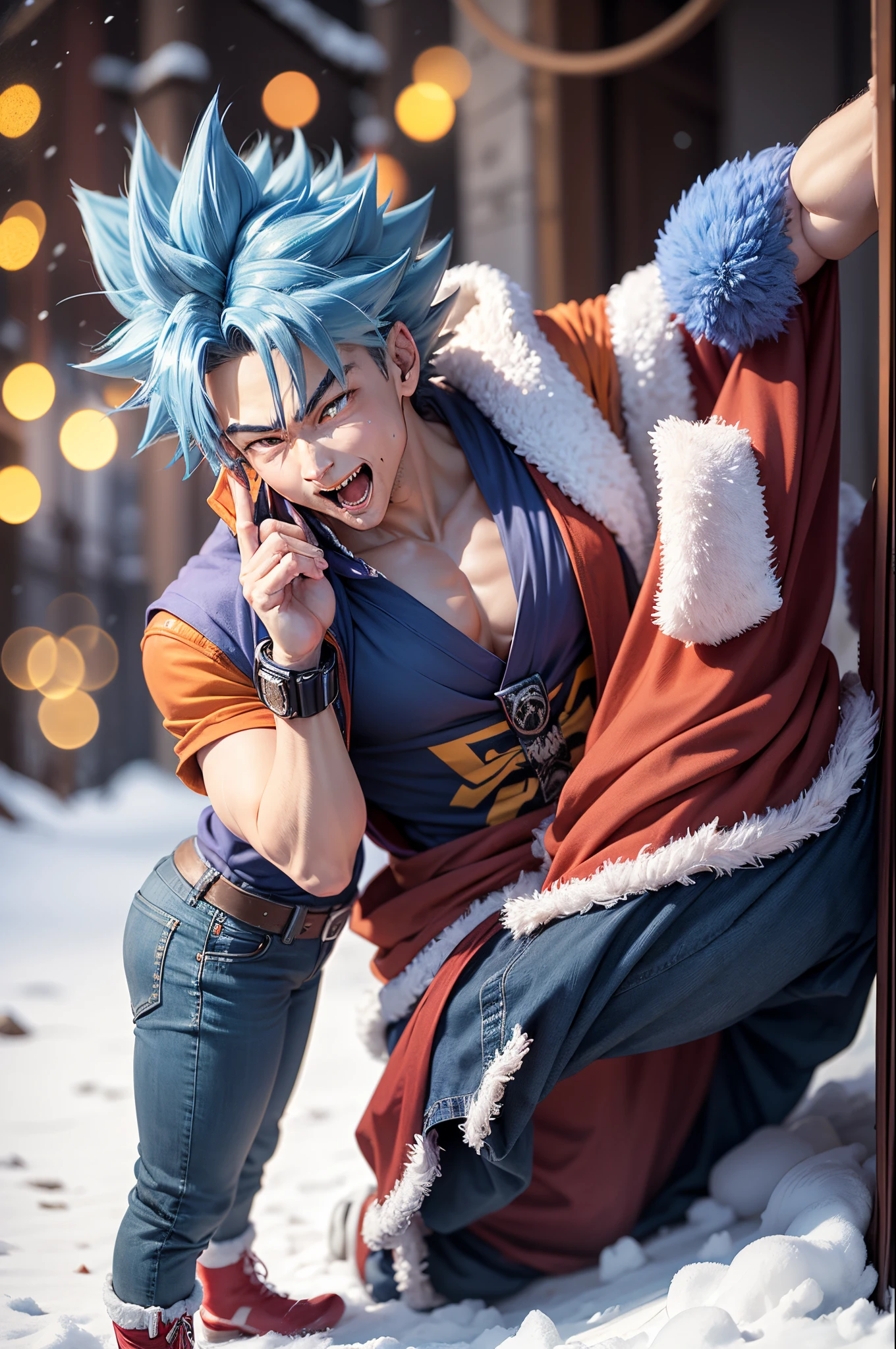 Art in maximum 16K resolution, with the adorable chibi style, featuring Goku transformed into Super Saiyan Blue with corresponding hair. He wears the iconic Santa Claus costume, adding a touch of cuteness to his powerful form. | The scene highlights Goku with expressive eyes and a friendly smile, radiating an aura of joy. His blue hair, characteristic of Super Saiyan Blue, complements the cute appearance. | The composition emphasizes his relaxed posture, and he is surrounded by festive elements. Christmas lights, presents, and a touch of snow on the ground create a cozy atmosphere. | Soft lighting enhances the cute features, with sparkle effects adding a magical touch to the scene. | Enchanting scene of Goku in Super Saiyan Blue mode, dressed as Santa Claus, in the festive Christmas spirit. | (perfect pose), He is adopting a ((dynamic pose as interacts, boldly leaning on a large structure, leaning back in a dynamic way):1.3), ((full body)), perfect hand, fingers, hand, perfect, better_hands, Big, More Detail --auto --s2