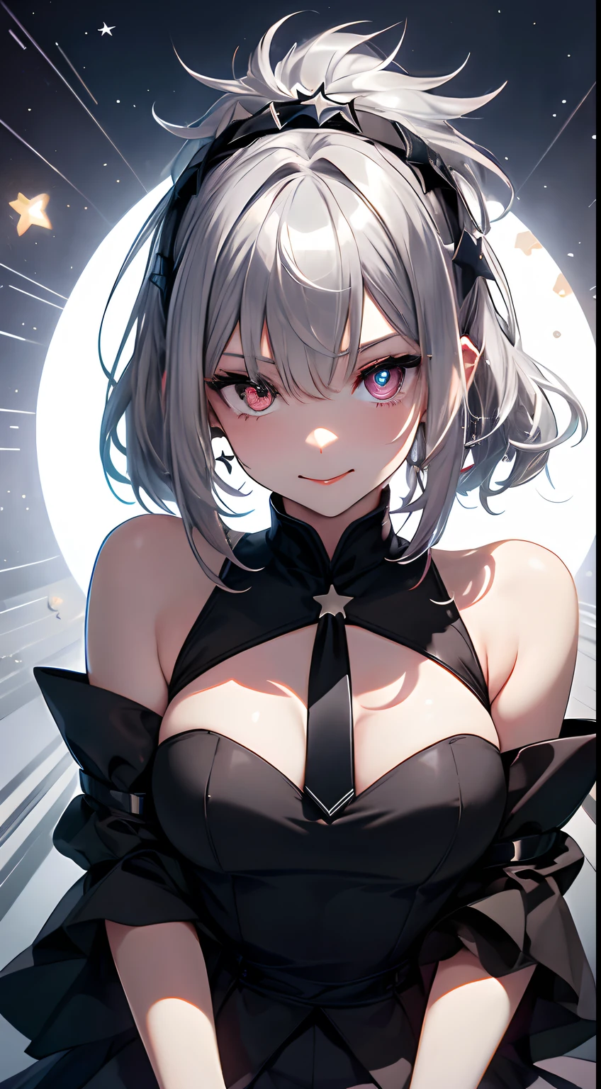 masterpiece、top-quality、cinematic Film still from、one-girl、(split in half:1.3),(Divide black and silver hair into two halves:1.2),(closeup cleavage:1.1)、Glowing light、blissful、A delightful、gentlesoftlighting、(bauhause、form、ligne、Abstract:1.1)silver hair ponytail hair、butterflys々、black long dress((masterpiece)), face expressionless, (((top-quality))), ((illuminations)),
1 girl in,, ((独奏)), (Detailed faces), (beautifuldetails), eyes with brightness, red eyes, ((messy  hair)), 
A smile、Straight eyes、Sit on it、((facing sideways))、
hair tie、Black transparent skirt、mistic、star shaped glowing eyes、Glowing eyes background、Written、
(Magazines:1.1), (cover type:1.1), fashionably, femele, with vitality, garments, ???? poses, Ahead, Colorful, dynamic, Background with, element in, I am very confident, Expressive, fail, statement, accessories, Majestic, coiled, Surroundings, Touch, The scene, text, lid, Very bold, grab attention, titles, Funky,  Catchy, titles, bigger, Touching, modern, Uptrend, focal point, Fashionab,Short silver hair、Short silver hair, (Wearing a Formal business suits:1.3)1 girl in, FULL-BODY ESBIAN, cow boy shot, (Rembrandt), illuminations, (masterpiece), (Top image quality), (Ultras_Detailed pubic hair), finely detailled, (depth of fields), mitts, Stick out her tongue, Tongue stock, As estrelas \(sigature\), Different opinions, (Light silver hair:1.2), (Star-shaped eyes:1.5),red eyes, upper part of body, hair adornments, , The shirt, A smile,  The shirt, idoly, pupils in symbol shapes, By bangs, One side facing up, star-shaped bule pupils, dress pull, Roaring 20s, isometry、from the above、silver hair ponytail hair, dressed in a suit、glowing light eyes、star shaped glowing eyes、clear eyes、look at me from the front、formal suits、Redness of the eyes、Star-shaped eyes、piece sign,((Half silver and half black hair:1.4))