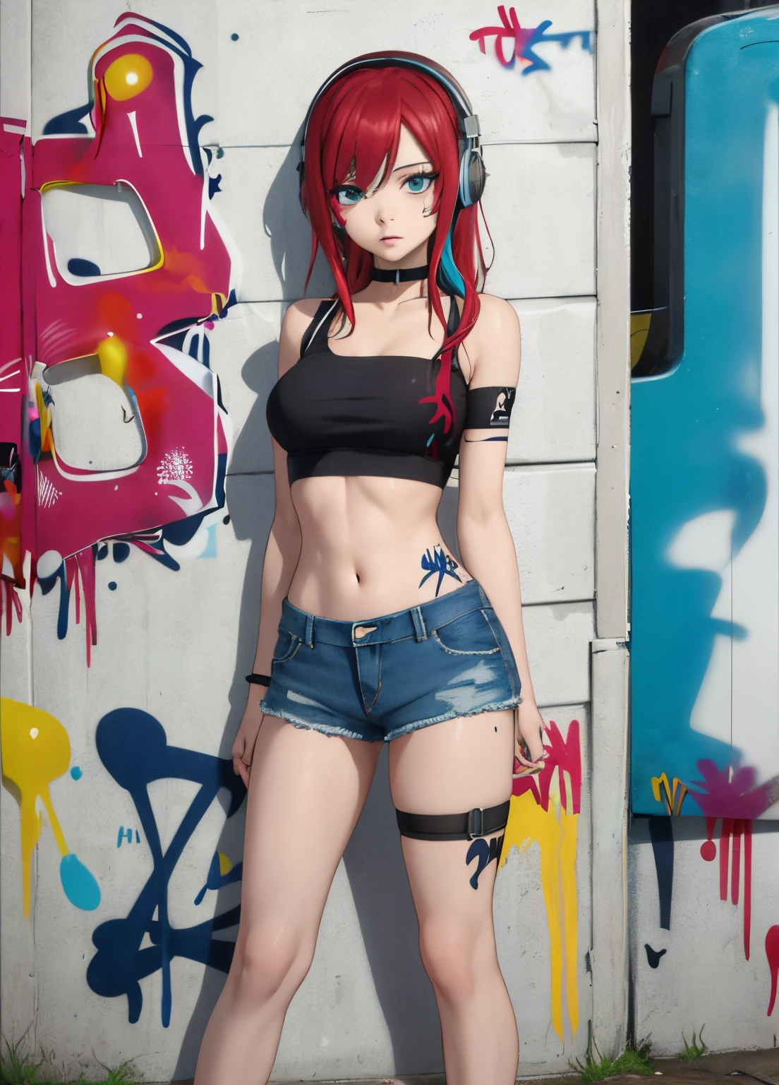 masterpiece, best quality, 1girl, solo, crop top, denim shorts, choker, (graffiti:1.5), paint splatter, arms behind back, against wall, looking at viewer, armband, thigh strap, paint on body, head tilt, bored, multicolored hair, aqua eyes, headset,