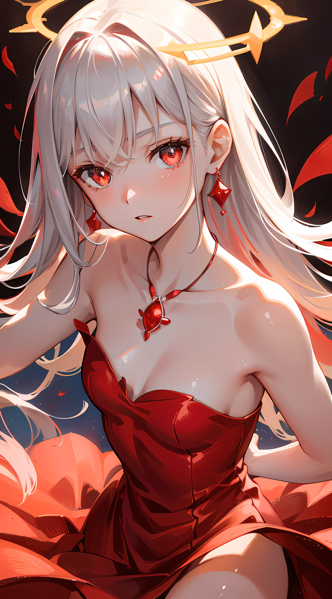 Masterpiece, Superb Illustration, Begonia Red, Platinum Earrings, Platinum Necklace, Red Dress, 1girl, Cute, (Dynamic Light: 1.2), Cinematic Light, Delicate Facial Features, Detailed Eyes, Sharp Pupils, Realistic Pupils, Depth of Field, Background Bokeh, Clear Focus, (Ultra Detailed, Halo, Glow: 1.4), Many Small Gems with Flames, Flame Burning, Visual Impact, Face Angle