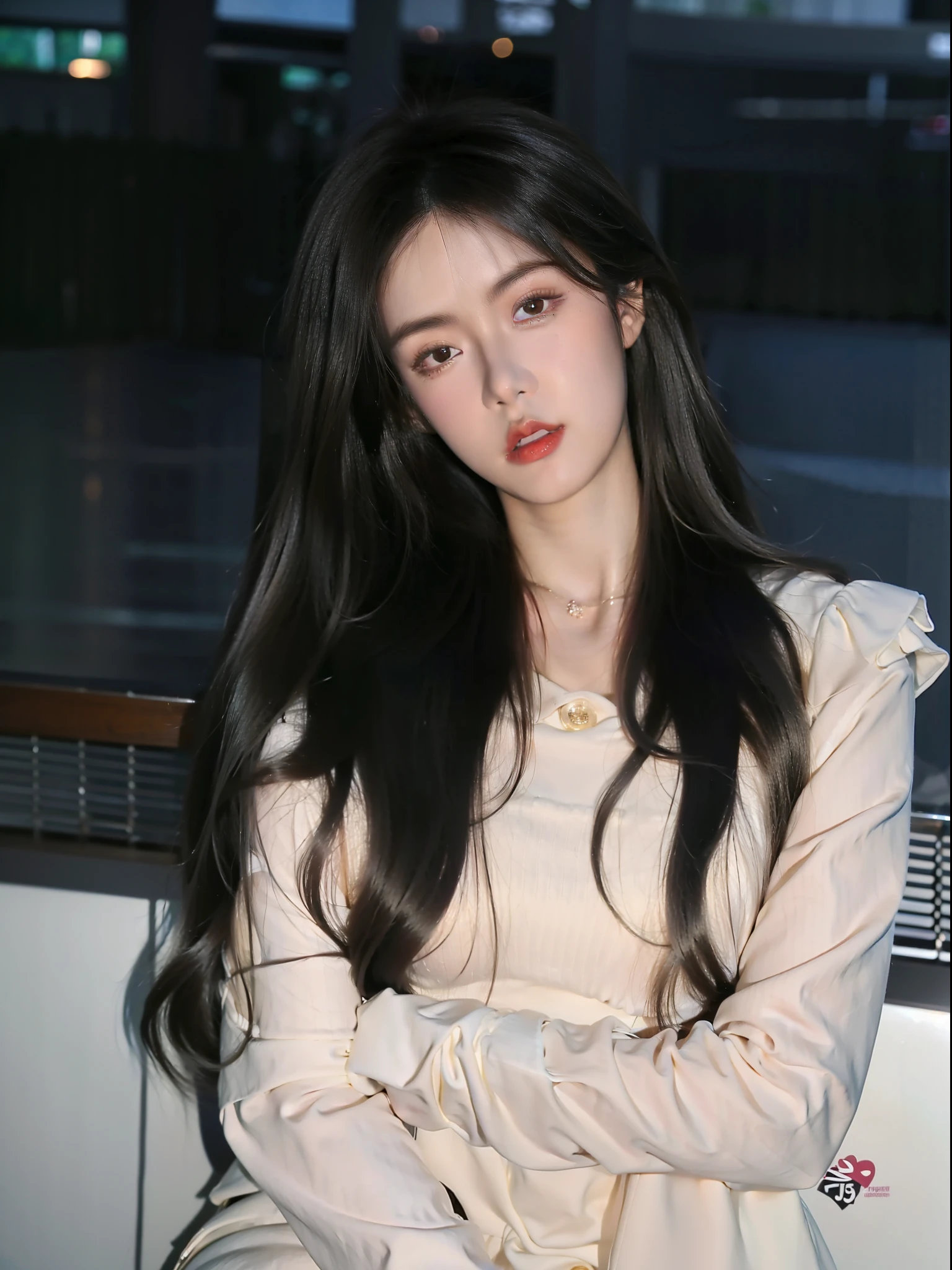 Close-up of a woman with long dark hair posing for a photo, jinyoung shin, Long gray hair, black pink josie'portrait of, Urzans, cabelos preto e longos, Nam Jae-yeon, Has long black hair, Long dark curly hair, Jisoo from BlackPink, blackpink jisoo portrait, long thin black hair, Asian girl with long hair