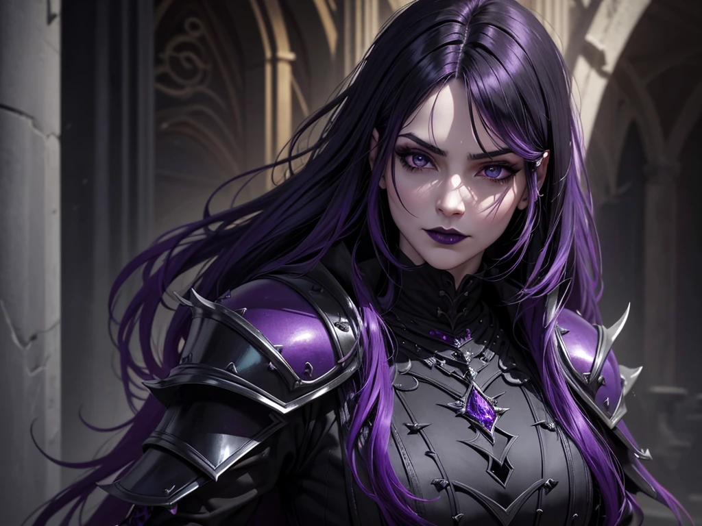 An adult vampire wizard character wearing a very detailed and beautiful gothic armor in black and purple color. Seu cabelo com corte em estilo curto, black lip color, cor roxa dos olhos;, manto, capuz, caminhando, 8k, Magnificent, Black and purple Gothic armor, capa