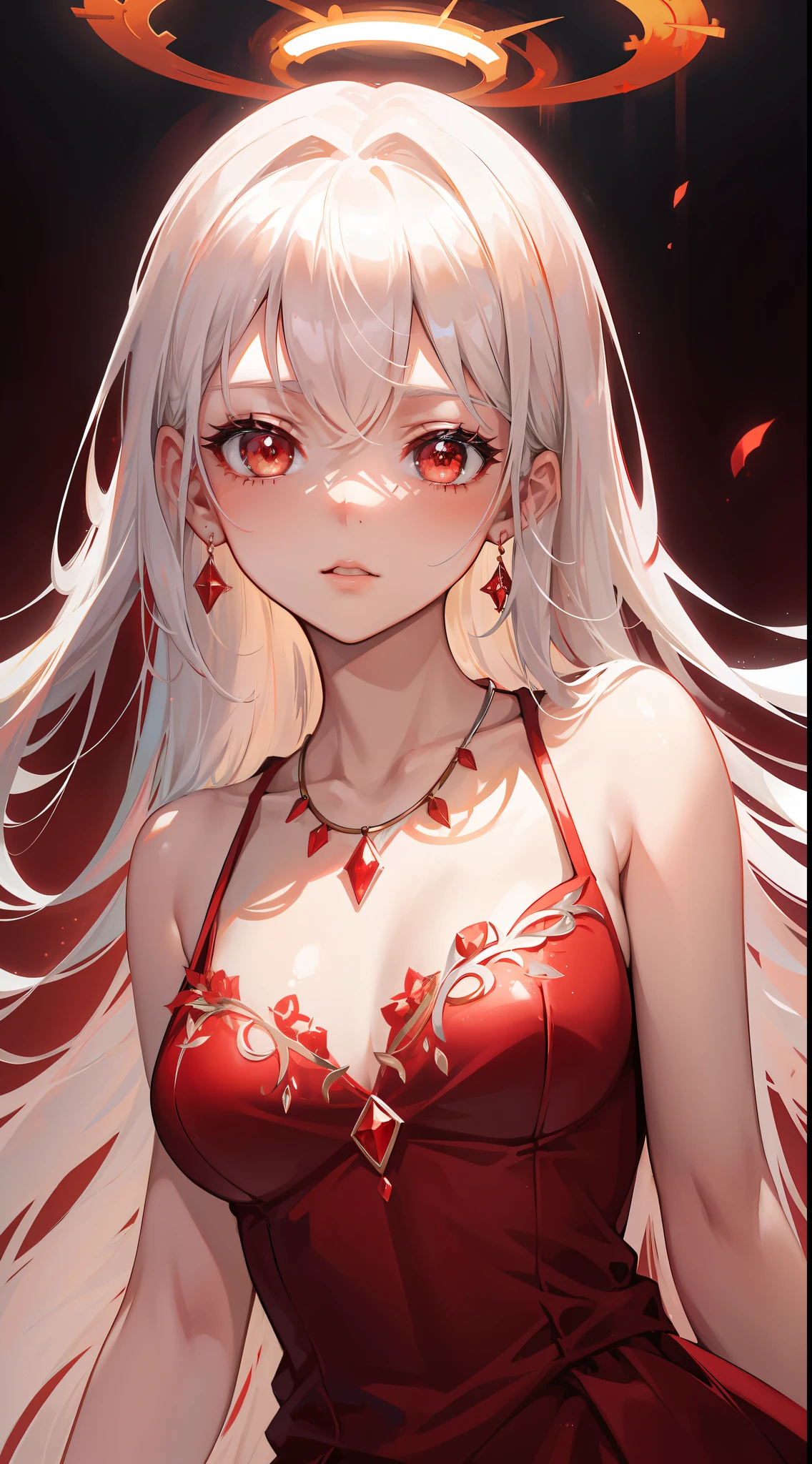 Masterpiece, Superb Painting, Begonia Red, Platinum Earrings, Platinum Necklace, Red Dress, 1girl, Cute, (Dynamic Light: 1.2), Cinematic Light, Delicate Facial Features, Detailed Eyes, Sharp Pupils, Realistic Pupils, Depth of Field, Background Bokeh, Clear Focus, (Ultra Detail, Halo, Glow: 1.4), Many Small Gemstones with Flames, Flame Burning