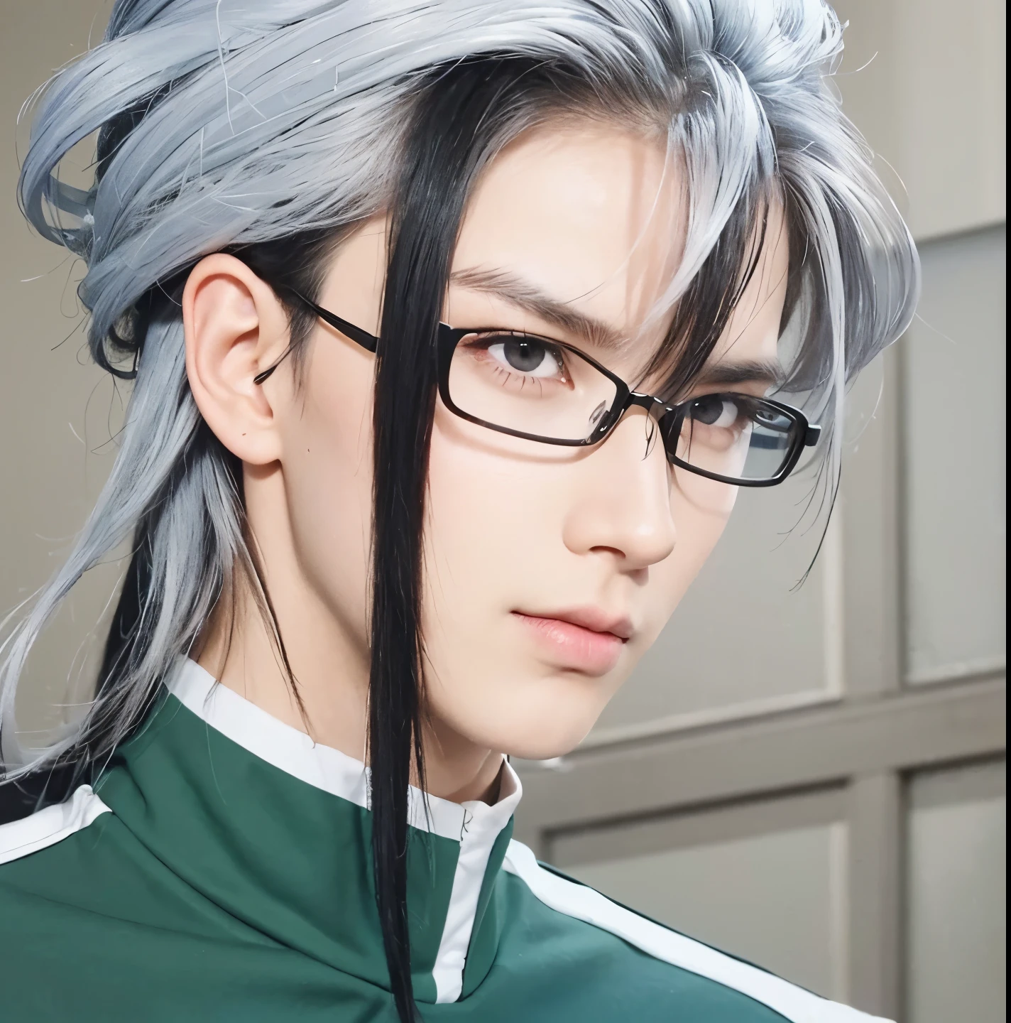 A man with realistic white and black hair, (same realistic hairstyle), realistic handsome face, realistic cool expression, adapts the same realistic clothes,realistic light, realistic shadows, realistic background, good image quality, very good image results, 4k, ultra detailed, realistic,Realistic glasses