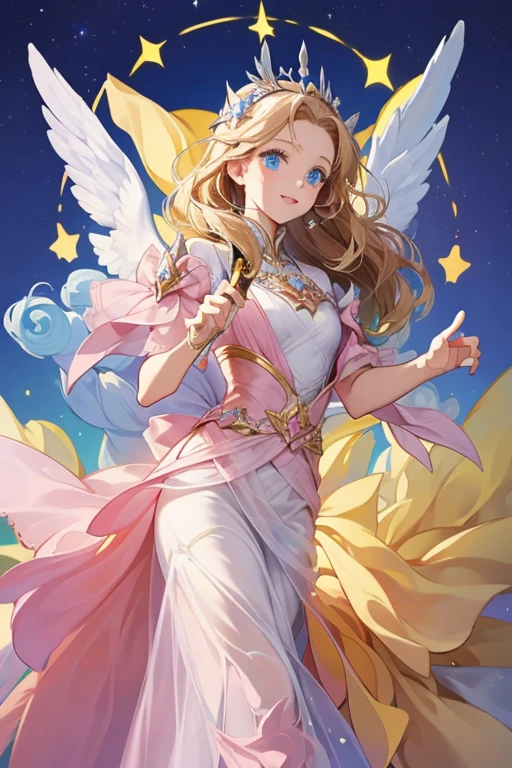 Angel Cookie is a tiny, olive-yellow Cookie with golden, curly hair, wide, powder blue eyes, and an innocent salmon pink smile. They wear no distinguishable clothing, but their hips flare out horizontally into points and are adorned with a scalloped pattern of white icing, rendering their silhouette into something resembling a dress. They carry a silver wand with a five-pointed star at the tip.
