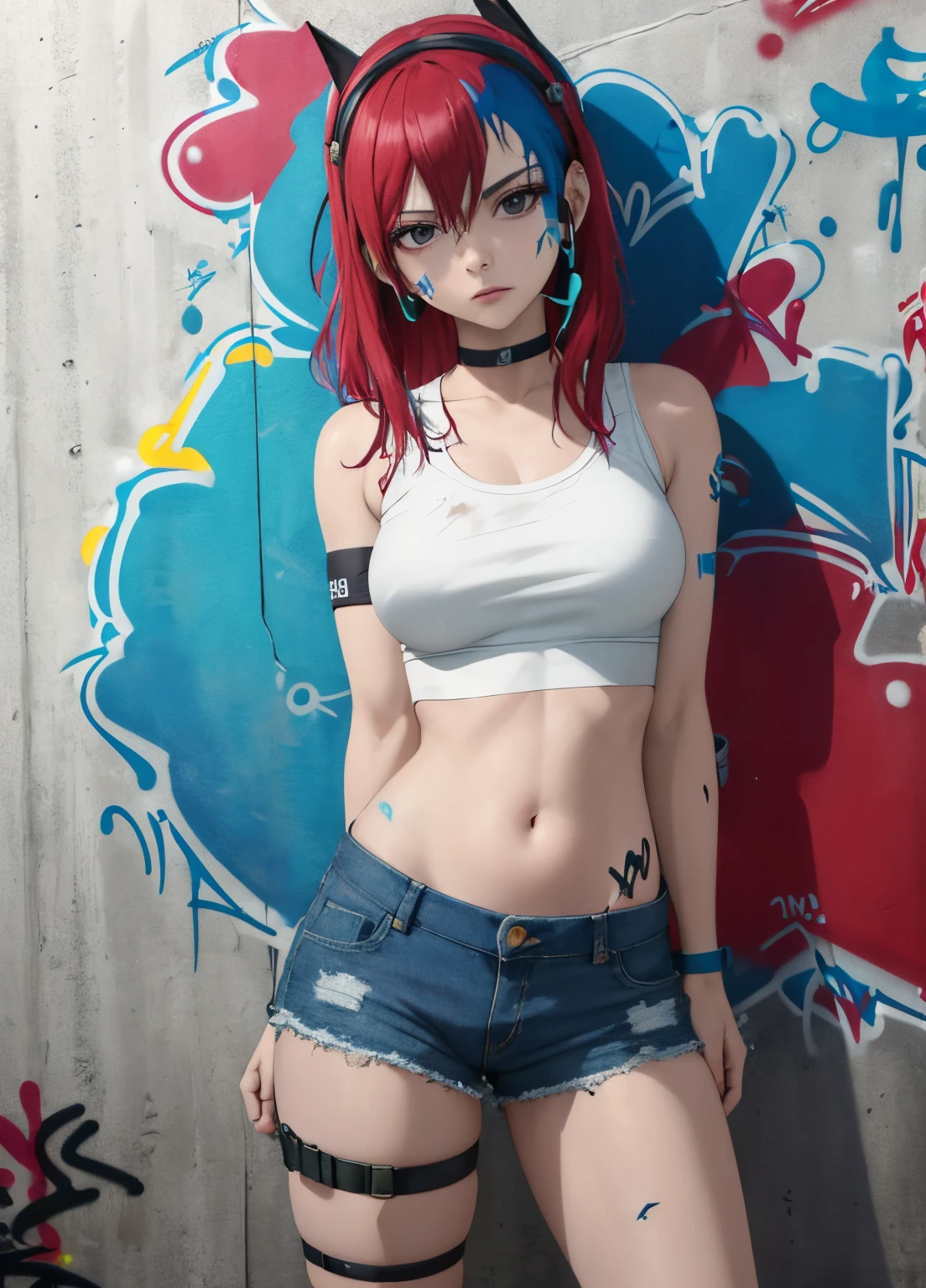 masterpiece, best quality, 1girl, solo, crop top, denim shorts, choker, (graffiti:1.5), paint splatter, arms behind back, against wall, looking at viewer, armband, thigh strap, paint on body, head tilt, bored, multicolored hair, aqua eyes, headset,