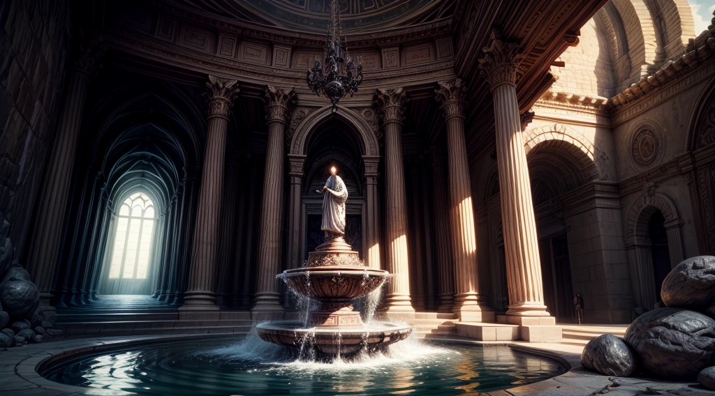 scenery,landscape,There are no people,unmanned,((Underwater Temple)),A little,A ray of light is shining,underwater photography,The palace has a round roof,arabic style,