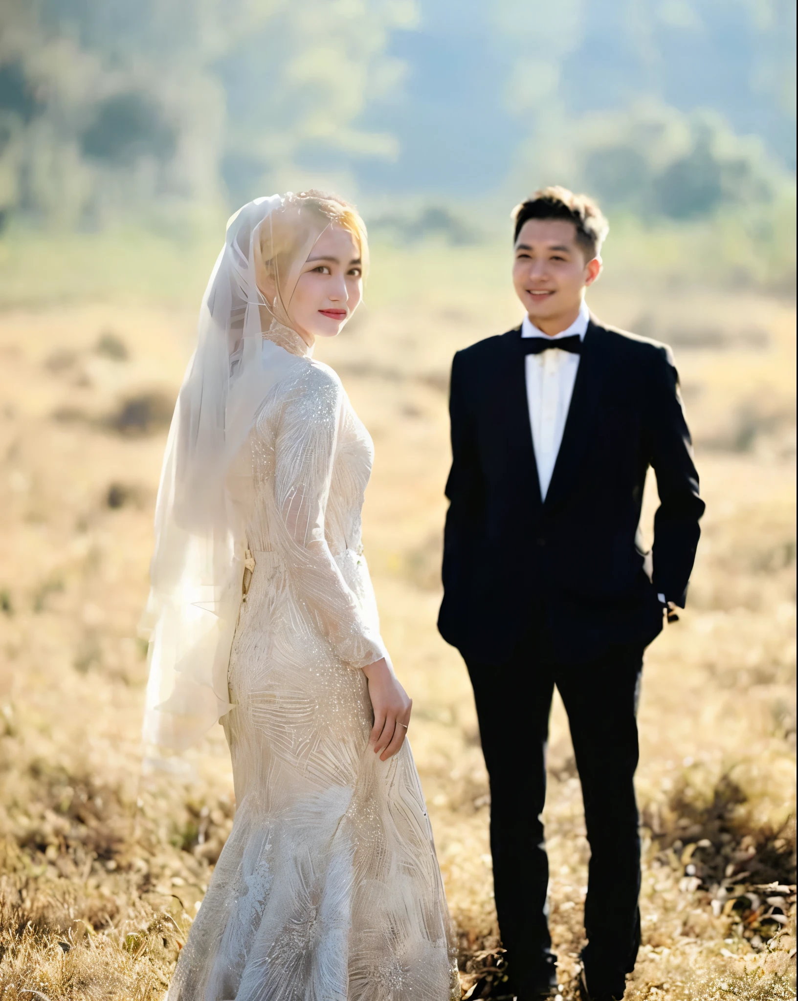 a man and woman in a tuxedo standing in a field, bride and groom, lovely couple, wedding photo, happy couple, luxurious wedding, couple, wedding, couple pose, during sunset, instagram post, by Basuki Abdullah, in the background, wedding dress, formal attire, wearing a wedding dress, white hijab, groom, background is heavenly