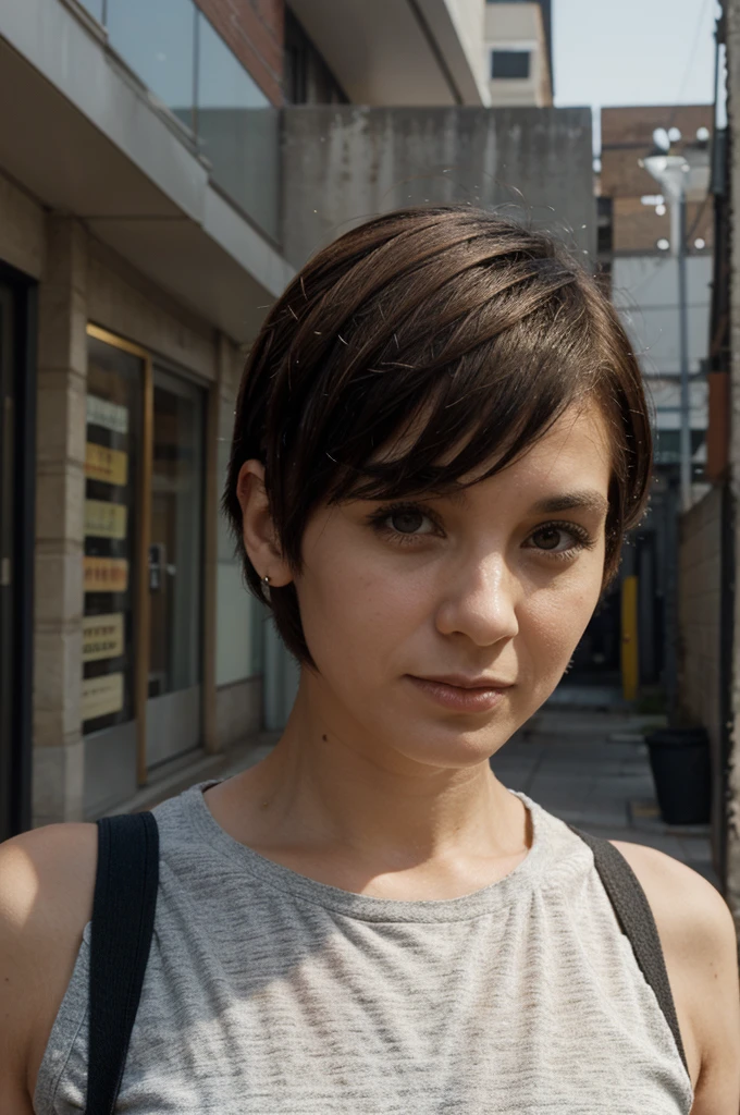 create a portrait of urbanism about 37 years old, with short modern hair