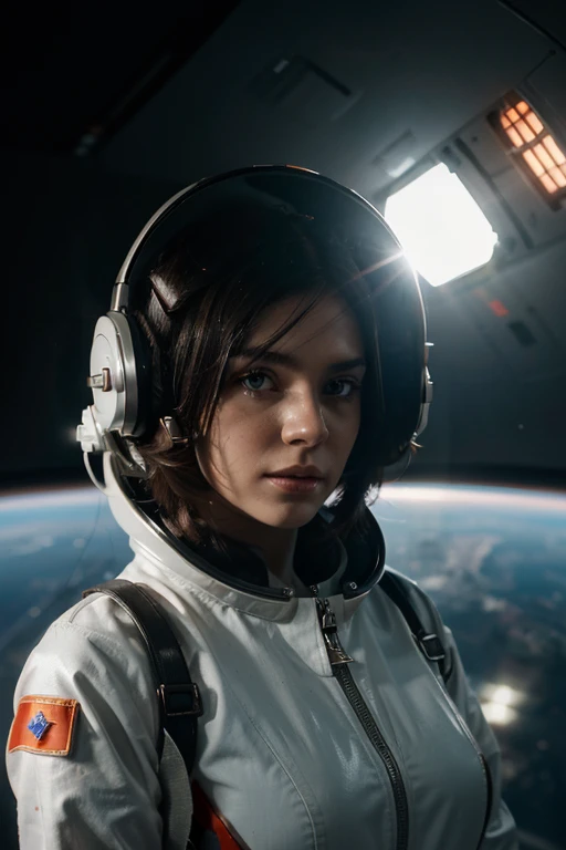 1girl,flat_breasts,cute,beautiful detailed eyes,shiny hair,visible through hair,hairs between eyes, CCCPposter, sovietposter,red monochrome,soviet poster, soviet,communism,
Black_hair,red_eyes,vampire,teenage,poorbreast,Spacesuit:Orange_clothing_body:jumpsuit),white_gloves, white_space shoes, white_helmet, the CCCP red letters on the top of helmet, weightlessness, Side light, reflection, The person in the spacesuit is at the bottom left of the frame, The right hand is outstretched, the right hand gently touches the Salyut space station), Space station in the upper right corner of the screen, Reflected light from the sun, Silver metal,red flag, brilliance,USSR style, diffuse reflection, Metallic texture, The vista is a blue Earth,mecha style,the sea of star,high tone, magnificent
