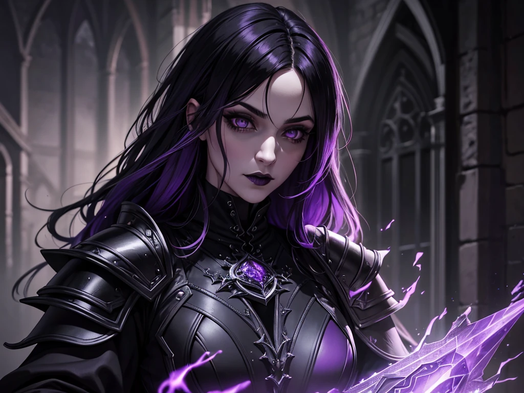 An adult vampire wizard character wearing a very detailed and beautiful gothic armor in black and purple color. Seu cabelo com corte em estilo curto, black lip color, cor roxa dos olhos;, manto, capuz, caminhando, 8k, Magnificent, Black and purple Gothic armor, capa