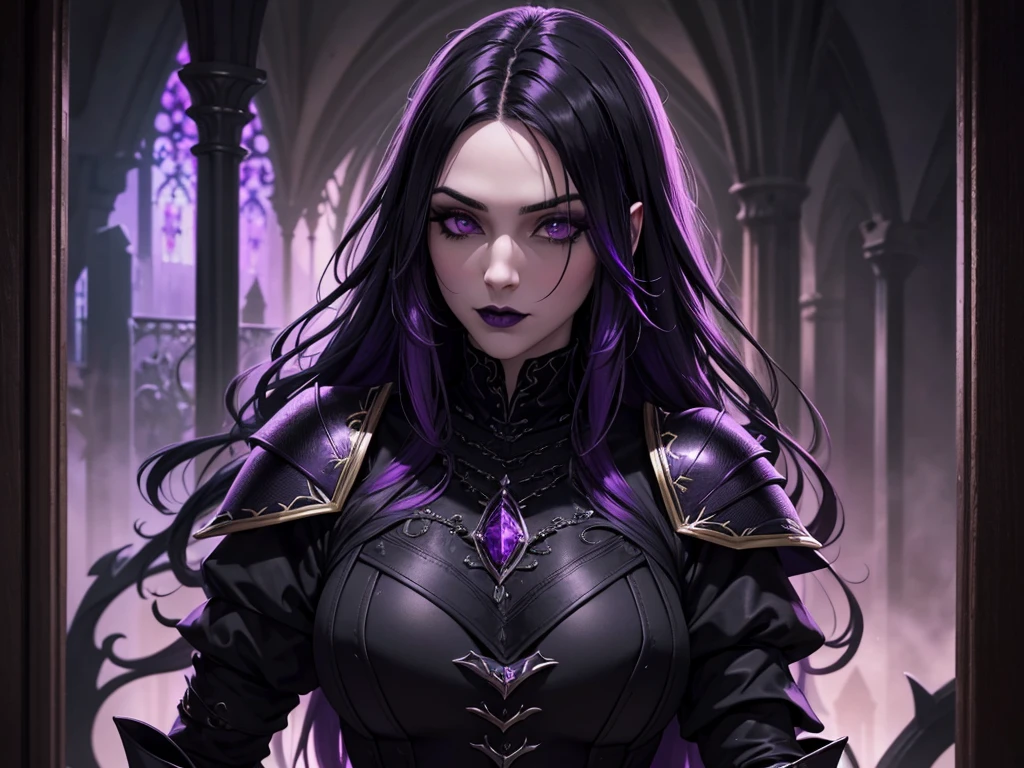 An adult vampire wizard character wearing a very detailed and beautiful gothic armor in black and purple color. Seu cabelo com corte em estilo curto, black lip color, cor roxa dos olhos;, manto, capuz, caminhando, 8k, Magnificent, Black and purple Gothic armor, capa