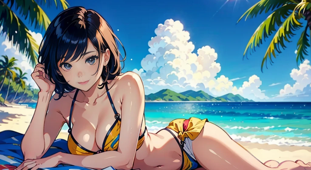 ​masterpiece、top-quality、超A high resolution、 [ 4 k digital art ]!!、 8k high quality detailed art、Wallpaper、 Detailed Digital Anime Art、Realisticity、Cinema Angle、hposing Gravure Idol、(((Woman lying on the beach)))、((One Beautiful Girl))、cute  face、 ((Detailed depiction of a beautiful face))、kindly smile、年轻、Bikini swimwear、Photorealistic perfect body、(Bold ethnic patterns wrapped around the waist and skirt and plenty of primary colors)、light Particle、llight rays、Tropical、Against the background of palm trees、beach side、on a sunny beach、Against the background of the sea、blur backgroun、