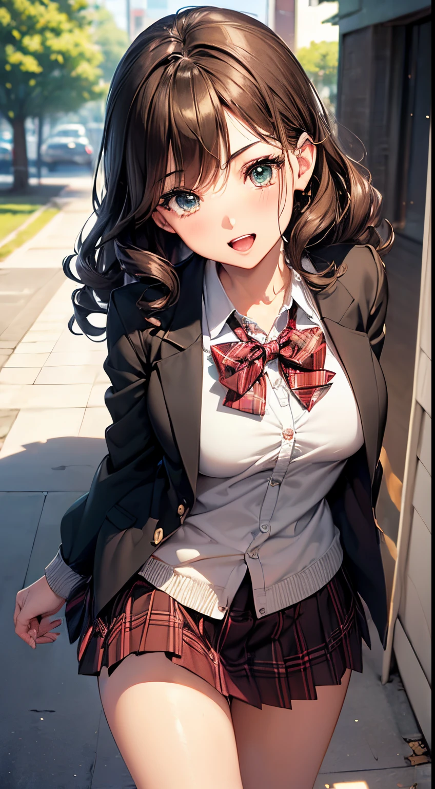 ((masutepiece, Best Quality, hight resolution, nffsw, Perfect Pixel, depth of fields, 4K, nffsw, nffsw))), 1girl in, Single, Solo, Beautiful anime girl, Beautiful Art Style, Anime Character, ((Long hair, Bangs, dark brown hair, Curly hair:0.8)), ((Green eyes:1.4, Detailed eyes, Beautiful eyes, Perfect eyes,Curly eyelashes, Realistic eyes)), ((Detailed face, Blushing:1.2)), ((Smooth texture:0.75, Realistic texture:0.5, Anime CG style)), medium breasts, Dynamic Angle, busty, Perfect body, Dynamic Pose, ((red bowtie, School uniform, Black jacket, Open jacket, Brown cardigan, White shirt, Black skirt, plaid skirts)), Smile, Open mouth, arms behind back, Leaning forward, Amulment Park, ((close up, POV, Cute, Shoot in the face))