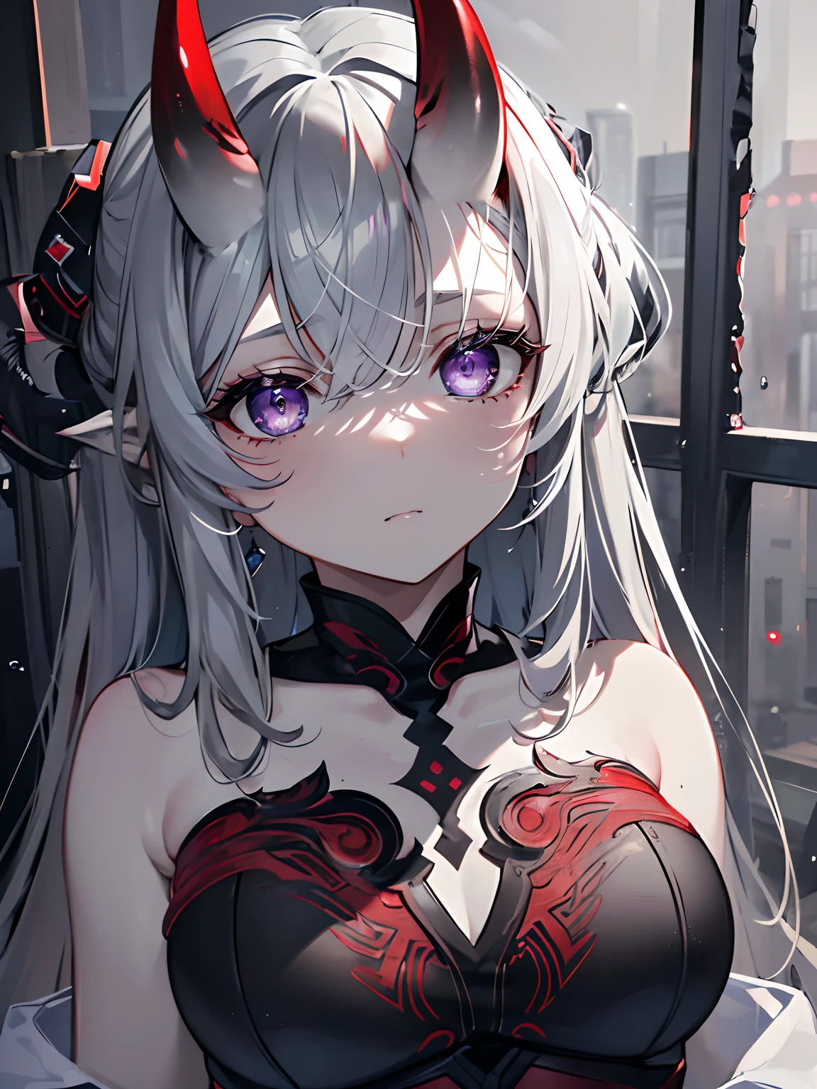 (tmasterpiece,Best quality at best,ultra - detailed),1个Giant Breast Girl,(gray-red skin),oni&#39;s corner,beautiful and detail face, 詳細な目,looking at viewert,smallunderboob,((gray theme),((frustrated, grieves, Melancholic)),Tired expression,sad,Swelling of the eyelids,((foreground))