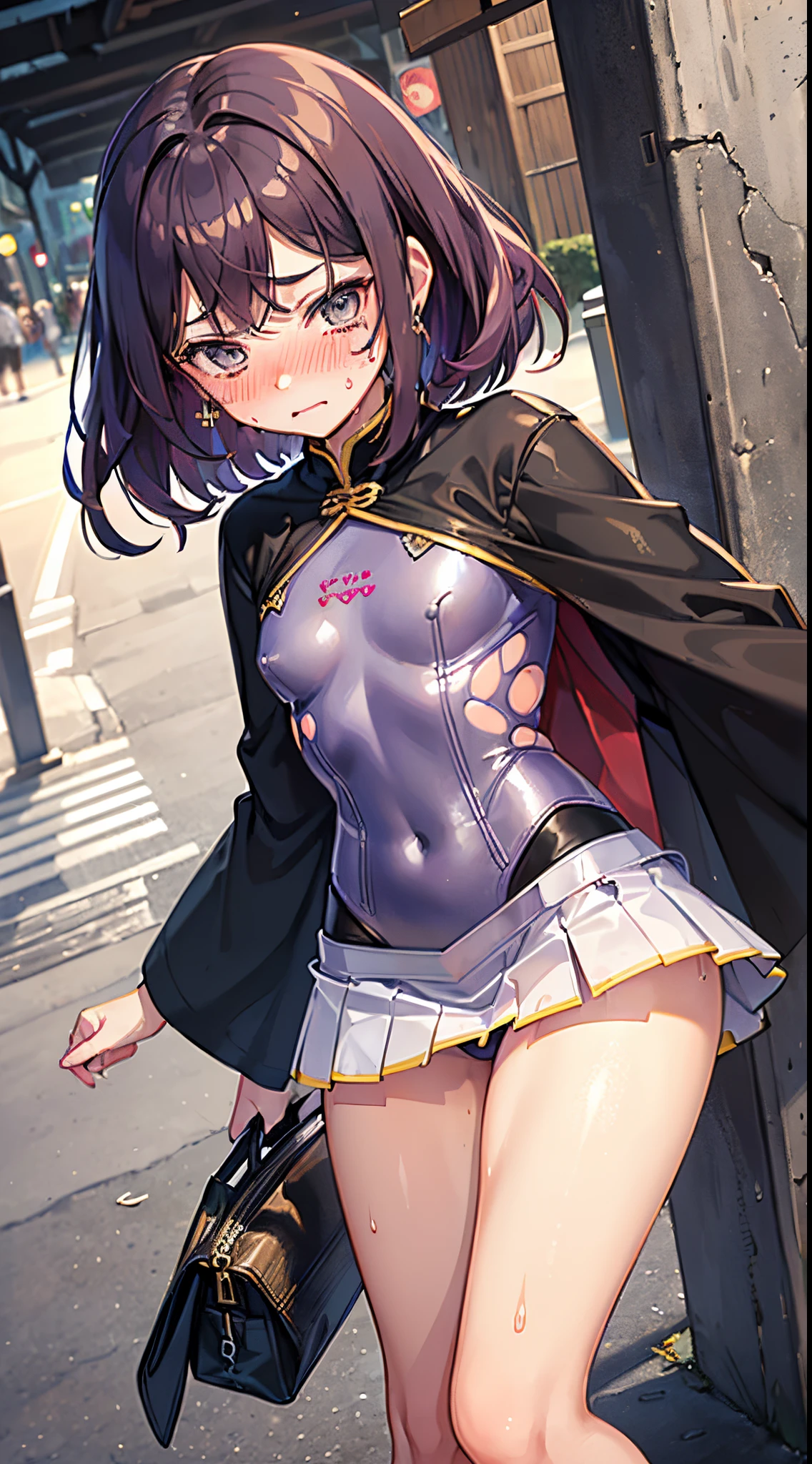 One lady,ar old, ,(((blushed face))), (()), (())((I'm opening my mouth)),((skirt by the, bodysuit and short cloak))(Happy Ahe Face),Wet with sweat,(A dark-haired,),((Street,natta))((Clothes are torn))