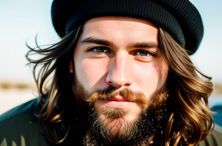 1 male, handsome and rugged, a close up of a man with a beard, male has long brown hair and a ((short)) beard, wlop, Matt Cavotta, by Brian 'Chippy' Dugan