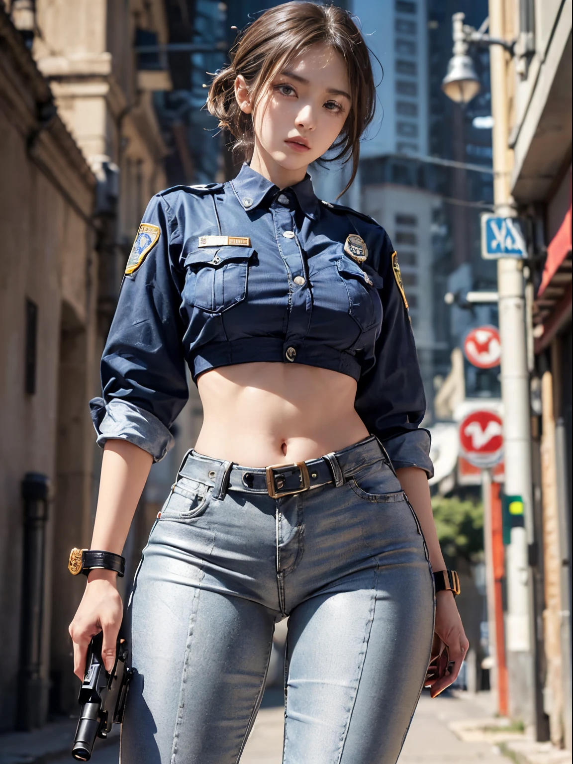 NSFW, (Top quality raw photos, (reallistic, Photorealism: 1.2), (extremely detailed texture), Nikon D850 50mm Lens), Hot European women on the street, ((light brown hair)), (Police officer emblem on chest、Tight brown pants and white crop top, white  shirt, Black short jacket with open front、Bare waist, tight hip), (The best beautiful girl like a model、Sexy Woman,large eyes with double eyelids、Slender face with a nose)、 Best Medium、((posterior view、round, Beautiful hip line、Tight-fitting denim pants、Standing with long legs open、Sexy Leglines、thin ankles、Wear a lot of equipment on your belt、Accurately draw magazines and batons、Accurately draw radios and gun holsters、equipment、Right hand with a pistol))