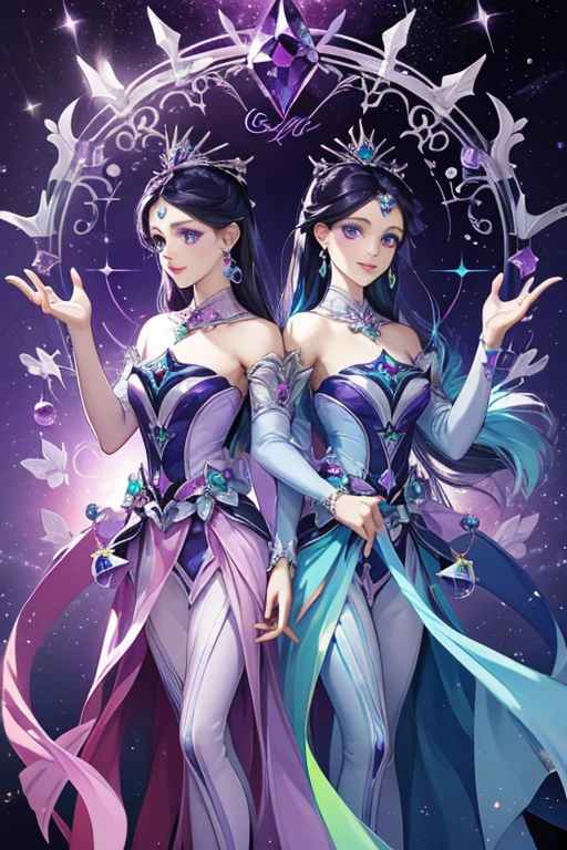 3d; glitter; horoscope sign Gemini princess; color purple; Twins details; ♊ symbol; alexandrite stone;