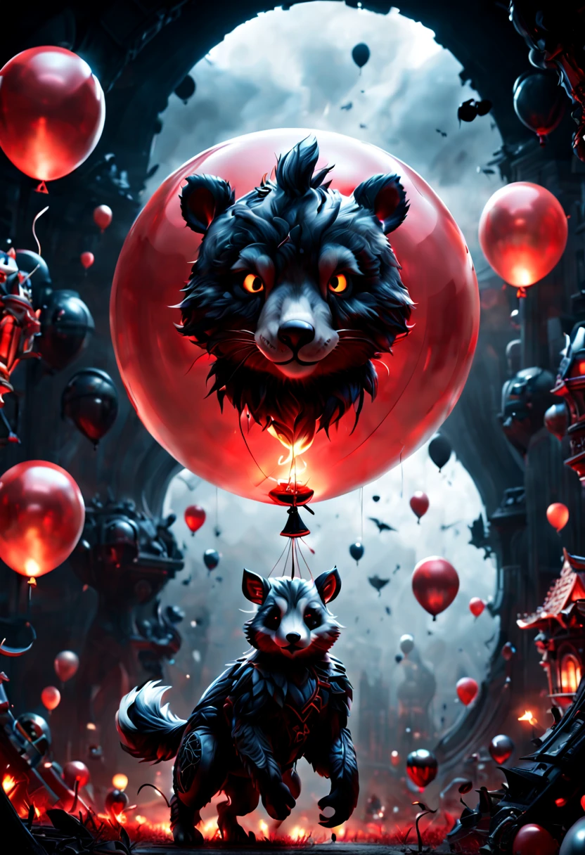 (red theme, dark theme), Round animal, balloon shape body, balloonz, fantasy art, dark fantasy, concept art, ultra-wide-angle, octane render, enhance, intricate, (best quality, masterpiece, Representative work, official art, Professional, unity 8k wallpaper:1.3)