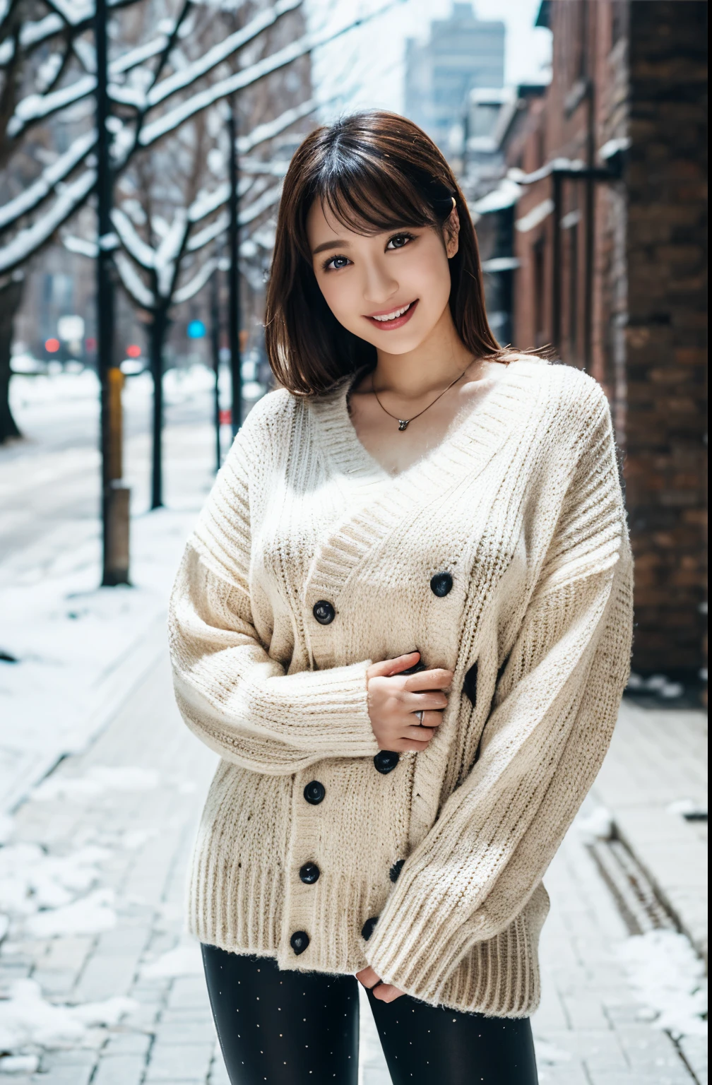 Winter scene、Snow Run、snowfall、((Oversized sweaters、leggins))、depth of fields，Real Light，Ray traching，OC Renderer，UE5 Renderer，Hyper-realistic，best qualtiy，8K，Works of masters，super-fine，Correct anatomy、Asian Women, (8K、RAW Photos、top-quality、​masterpiece:1.2)、(realisitic、Photorealsitic:1.37)、Solo、25-years old、女の子1人、light brown hair、详细的脸、Detailed lips、detailedeyes、(huge-breasted:1.5)、Alafed Women、Smile、