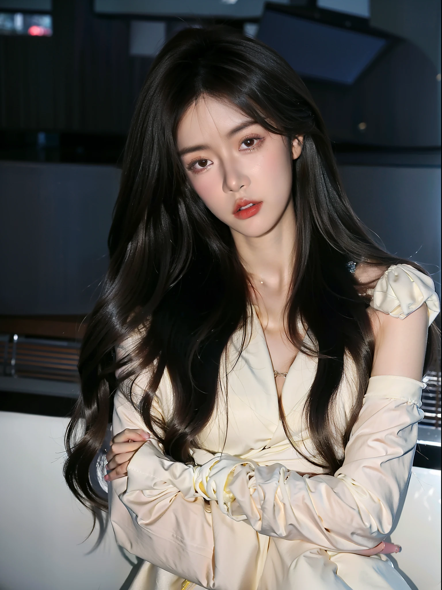 Close-up of a woman with long dark hair posing for a photo, jinyoung shin, long whitr hair, Black Pink Josie'portrait of, Urzans, cabelos preto e longos, Nam Jae-yeon, Has long black hair, Long dark curly hair, Jisoo from BlackPink, blackpink jisoo portrait, long thin black hair, Asian girl with long hair