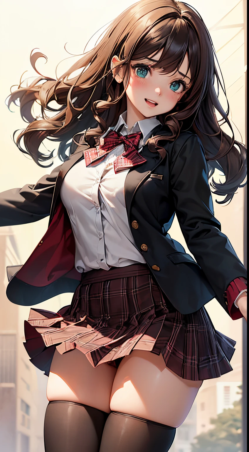 ((masutepiece, Best Quality, hight resolution, nffsw, Perfect Pixel, depth of fields, 4K, nffsw, nffsw))), 1girl in, Single, Solo, Beautiful anime girl, Beautiful Art Style, Anime Character, ((Long hair, Bangs, dark brown hair, Curly hair:0.8)), ((Green eyes:1.4, Detailed eyes, Beautiful eyes, Perfect eyes,Curly eyelashes, Realistic eyes)), ((Detailed face, Blushing:1.2)), ((Smooth texture:0.75, Realistic texture:0.5, Anime CG style)), medium breasts, Dynamic Angle, busty, Perfect body, Dynamic Pose, ((red bowtie, School uniform, Black jacket, Open jacket, Brown cardigan, White shirt, Black skirt, plaid skirts)), Smile, Open mouth, arms behind back, Leaning forward, Amulment Park, ((close up, POV, Cute, Shoot in the face)), meaty thighs, knee high stockings, white panty,Sheer bra, FULL BODYSHOT, low angle shot