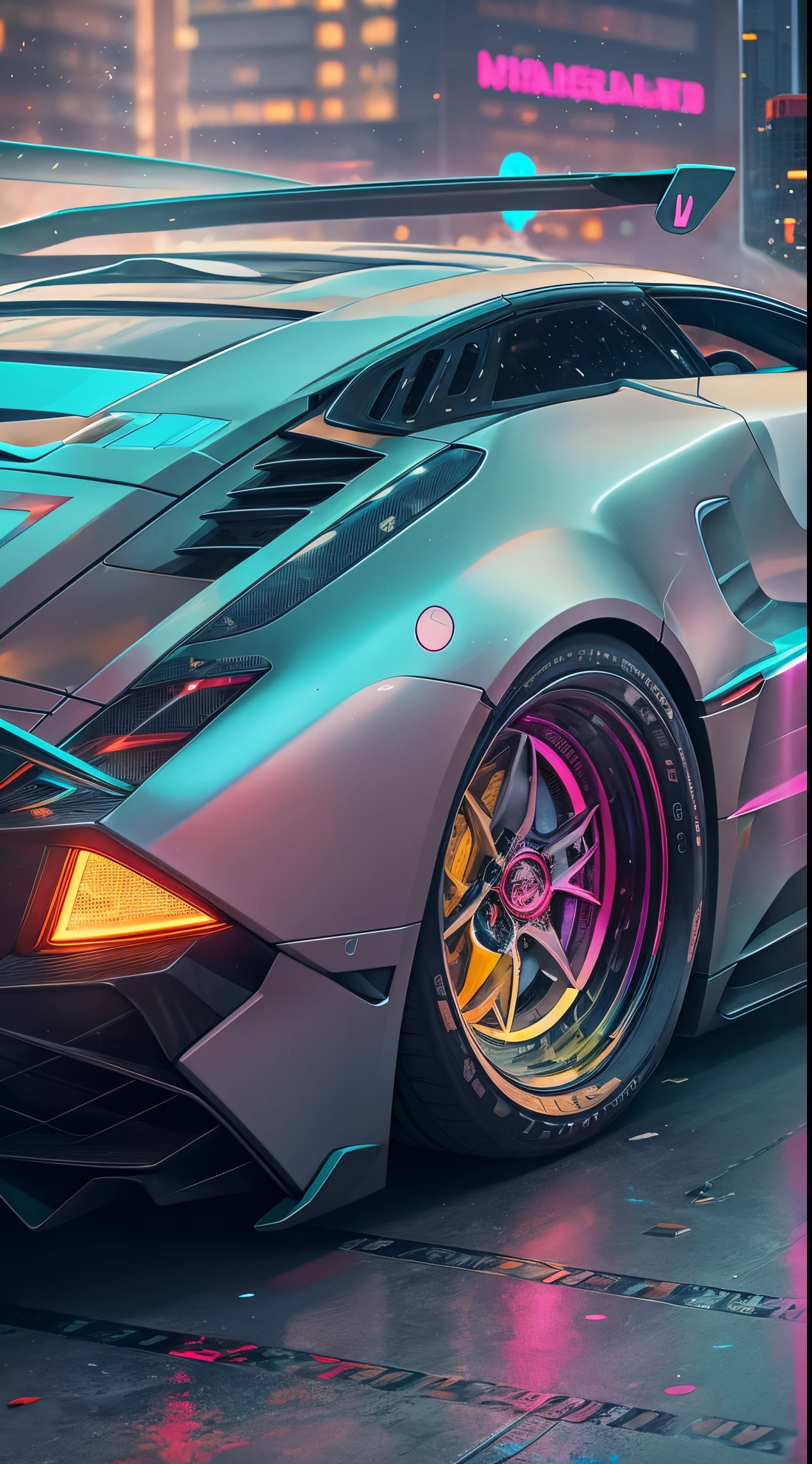 Cyberpunk supercar， pastelcolor， Colorful smoke， Legendary， looking over city， the space， governor,Car tail light close-up