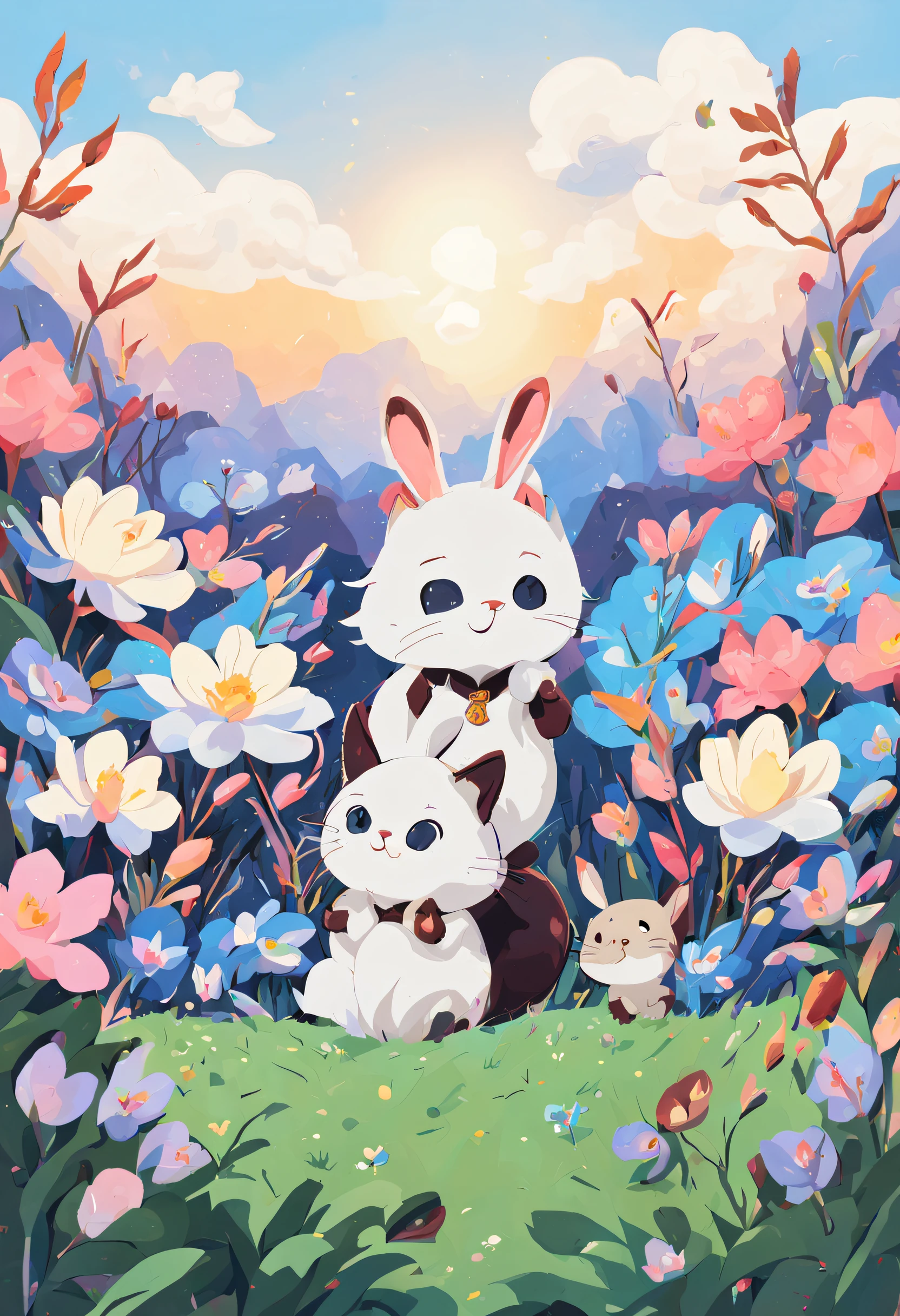 〈 cat and babybit〉chum、Pyonpyon、Nyan Nyan、The World of Picture Books、Gamine、Flower field psychedelic background、style of Laurie Greasley、Studio Ghibli、Akira Toriyama、James Girard、GenshinImpact、Trending pixiv fanbox、acrylic palette knife、4K、vivd colour、Devinart、Trending on ArtStation、Multiple poses and expressions with low detail