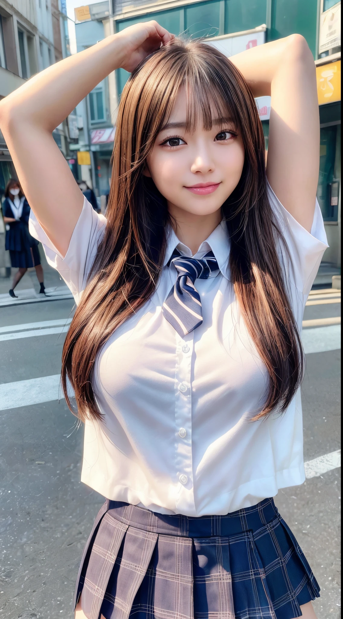 (8k, RAW photo, best quality, masterpiece:1.2), (realistic, photo-realistic:1.4), (extremely detailed 8k wallpaper), sharp focus, depth of field, bocinematic lighting, soft light, beautiful detailed eyes,shiny smooth light brown long bob hair, asymmetrical bangs, shiny skin, high resolution, high detailing, detailed hairstyle, detailed face, hyper realistic, perfect limbs, perfect anatomy ,1 japanese girl,famous Japanese idol, perfect female body, large breasts,smile,short eyelashes , double-edged eyelid ,long bob hair, (school uniform : 1.3), looking at viewer, (arms up, Crowded city streets:1.3),cowboy shot