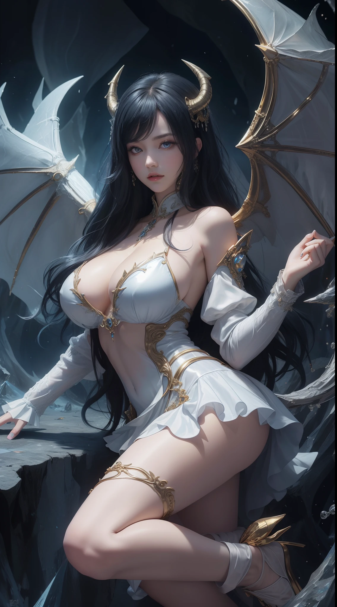 tmasterpiece，Highest image quality，Beautiful full body portrait of the noble dragon girl，Exquisite blue-black hairstyle，Clear golden eyes，Decorated with a series of dragon horns，White studded leather jacket，blackstockings，huge dragon wings，cave cave，Black silk beautiful feet，Ultra-detailed details，advanced。At the Pixiv Art Station，Break your own power，Luigi，Big breasts exposing cleavage，R-18G