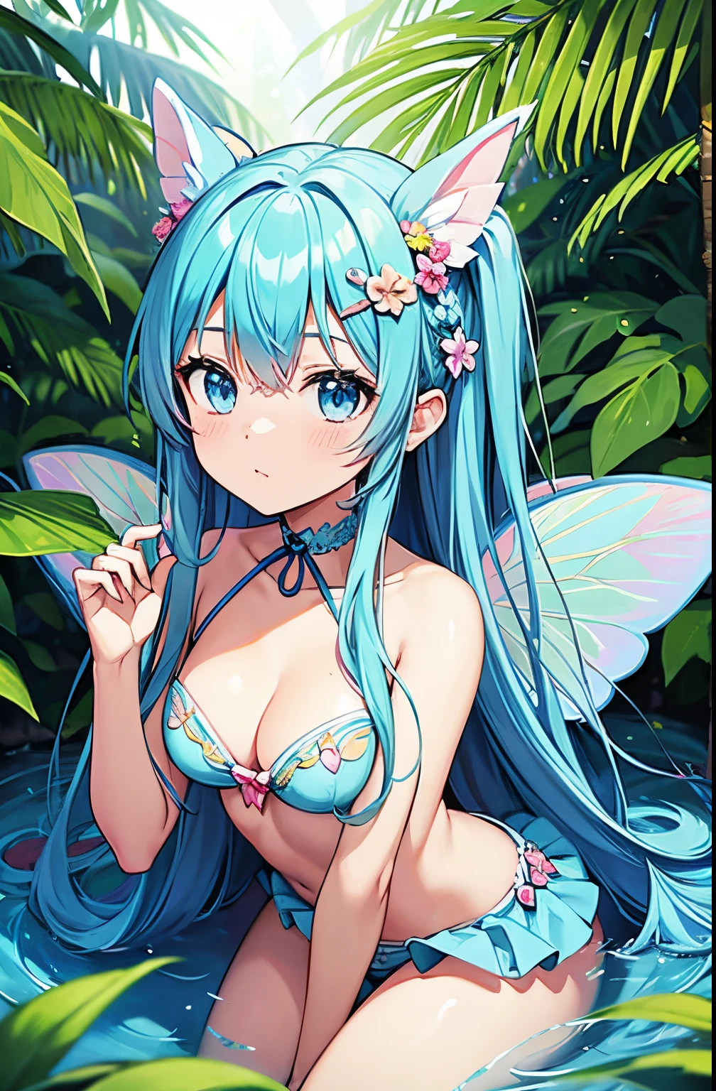 Best Quality, masutepiece, Cute Fairy Girl, fairy wings, Light blue long hair、Twin-tailed、In the mysterious jungle, foliage, Tropical, kawaii, mystery, Magical, Mythical animals and mysterious butterflies, Exotic flowers