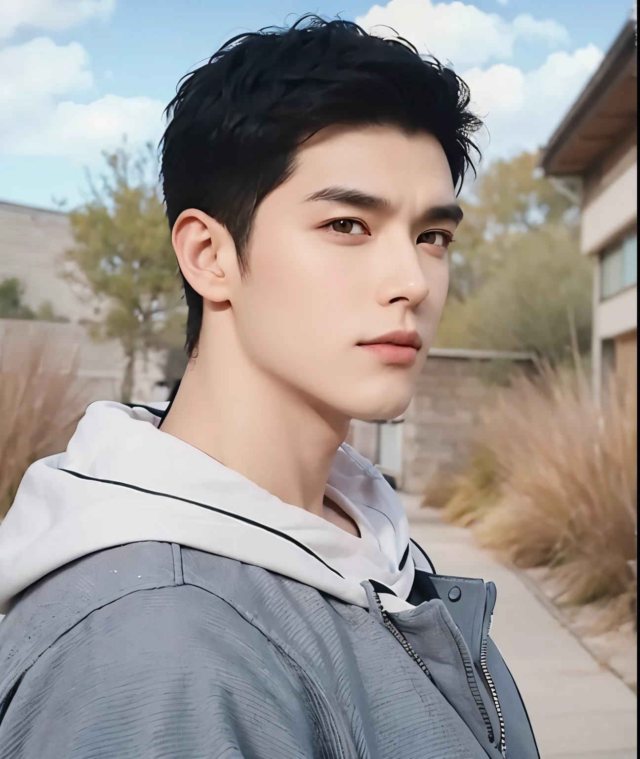 A man with realistic black short hair, (same realistic hair style), realistic handsome face, realistic cool expression, adapt the same realistic clothes,realistic light, realistic shadows, realistic background, good image quality, very good image results, 4k, ultra detailed, realistic