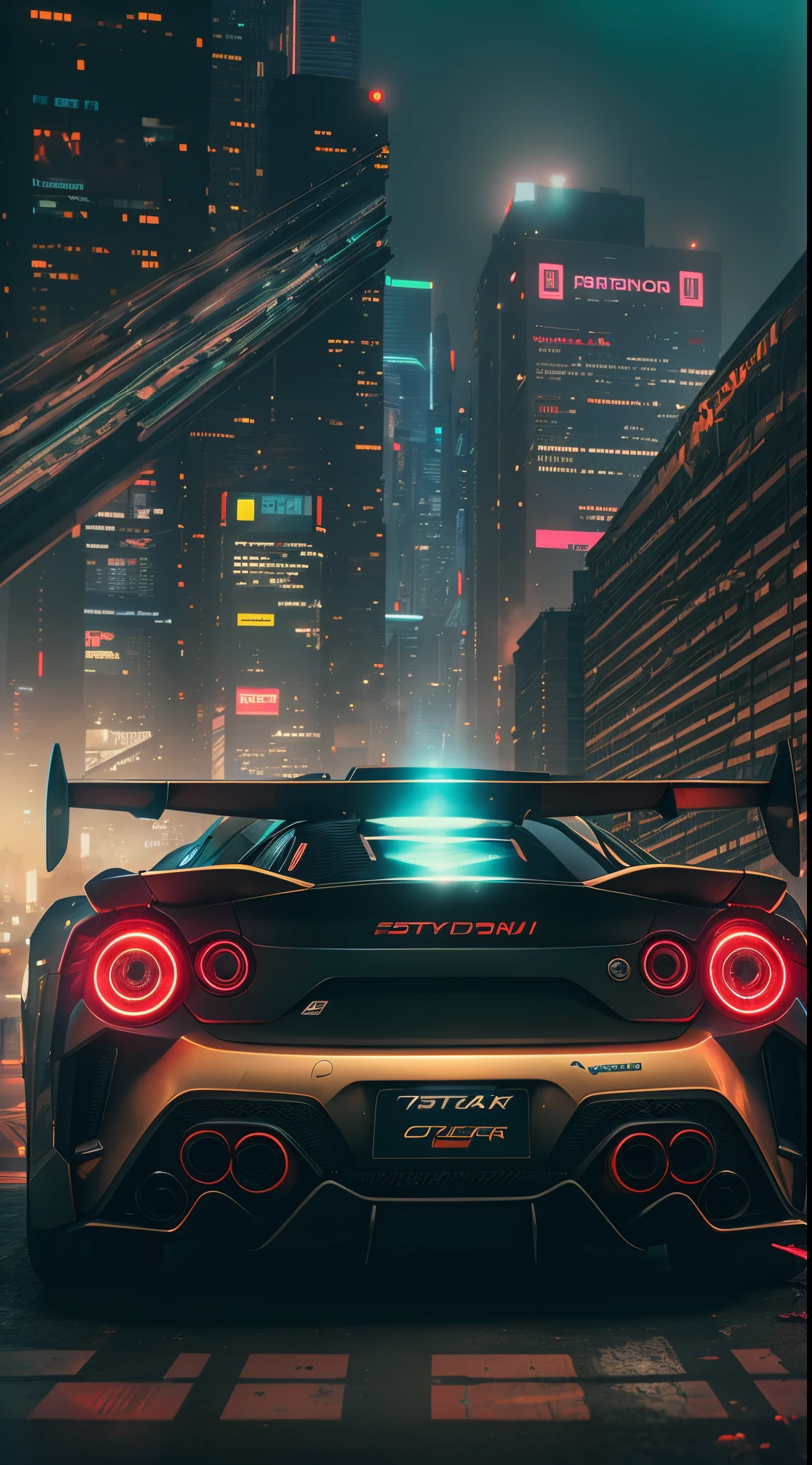 Cyberpunk supercar, pastelcolor, Black atmosphere, Legendary, looking over city, the space,GTR ,Car tail light close-up