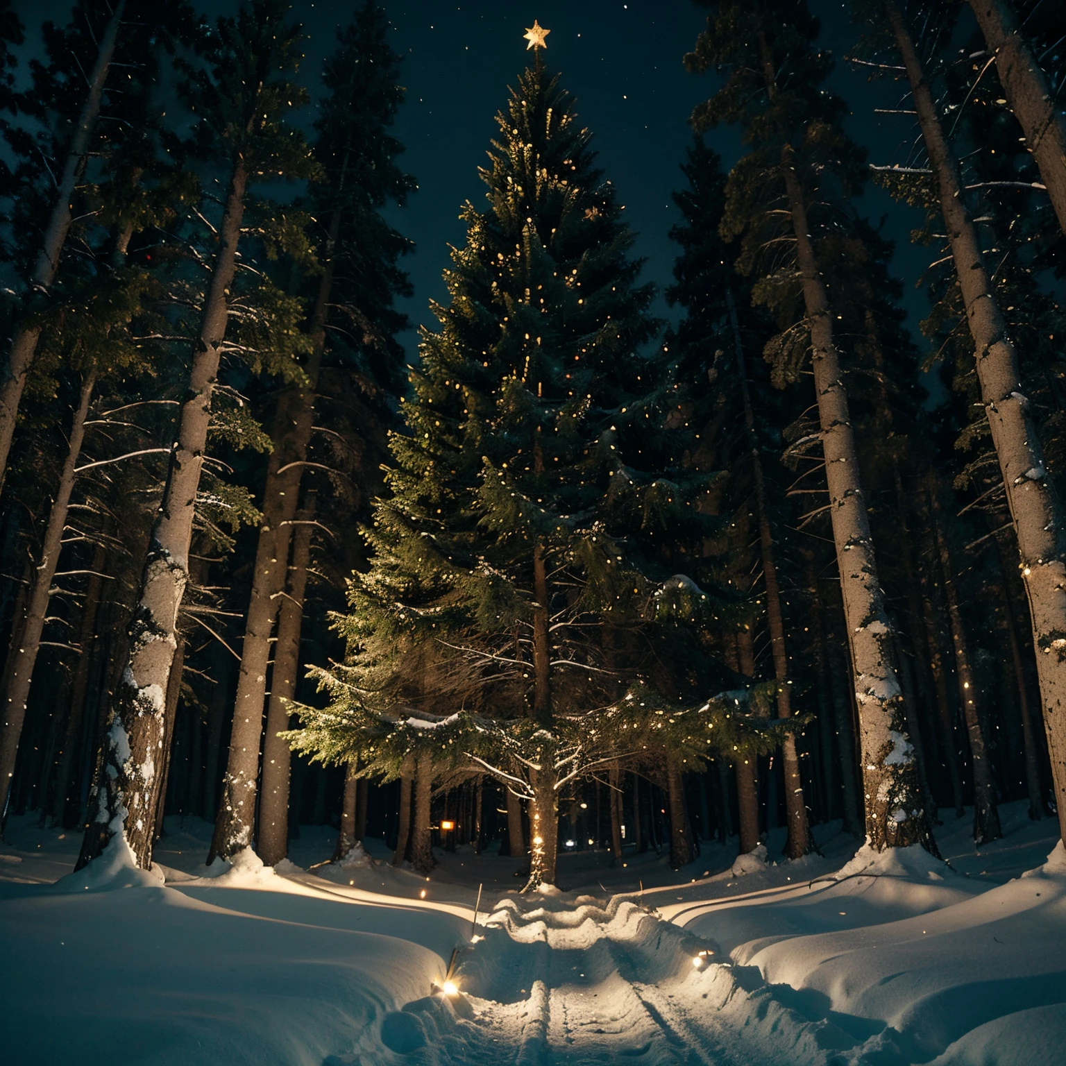 Christmas tree forest at night deep snow