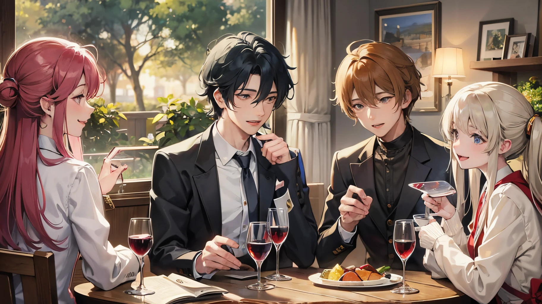 A few men are celebrating at the wine table which shows everyone toasting to congratulate one man who is very happy and happy anime style --auto --s2