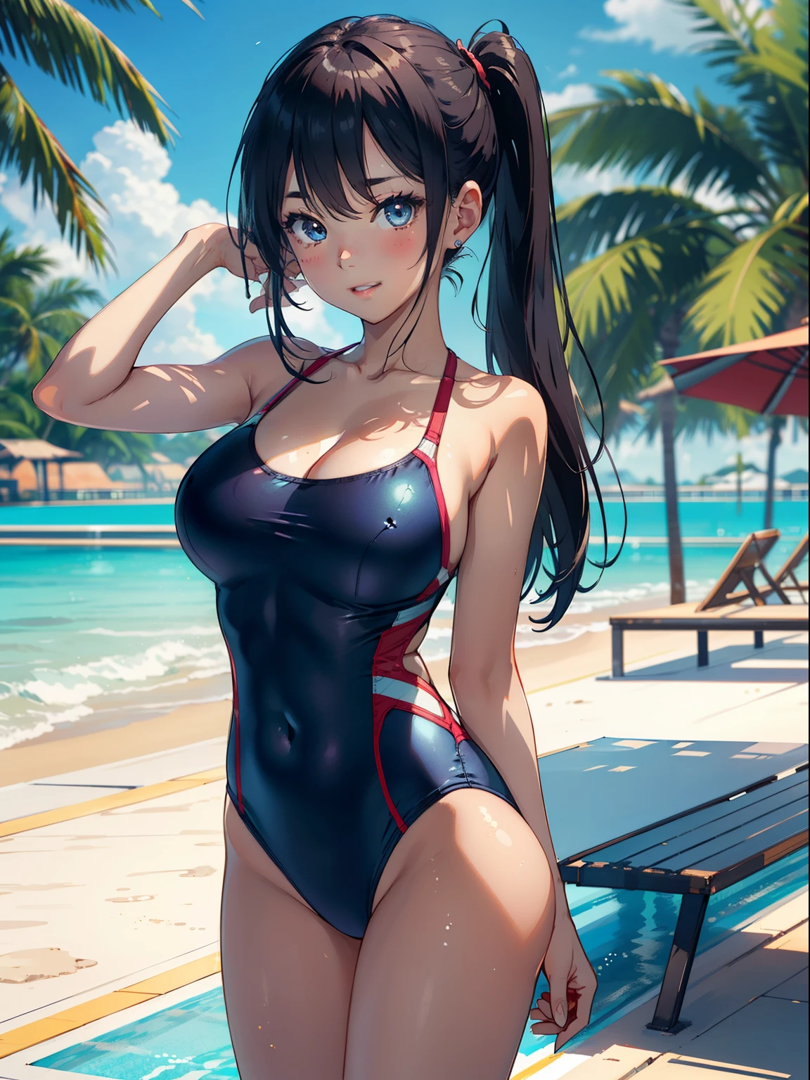fine-textured CG, ((ultra detailed)), ((masterpiece)), (extremely detailed CG), outdoor, beach, 1girl 10 years, solo, smile, put your finger between your swimsuit and your skin, ((Pull up:1.2 crotch part of swimsuit)), ((strappy swimsuit)), Swimsuit crotch that bites into the, ((high-cut swimwear)), detailed eyes, dashed eyes, cute LOLIme face, large breast, gleaming skin:1.2, standing, cowboy shot,