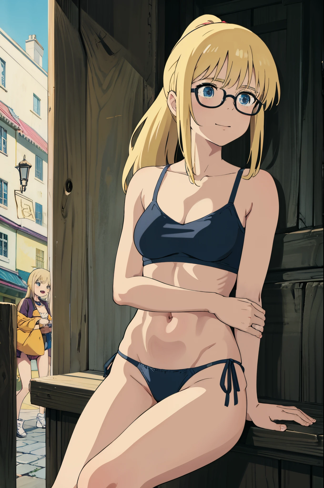blonde woman with straight hair and bangs, wearing glasses, 1girl, solo, hair in a ponytail, 21 years old, no makeup, soft face, sweet smile, view from the side, small mouth closed, medium boobs, blue eyes, realistic photo, in street, high pov, looking down, green bra, cleavage, midriff, g string panties, thong panties,