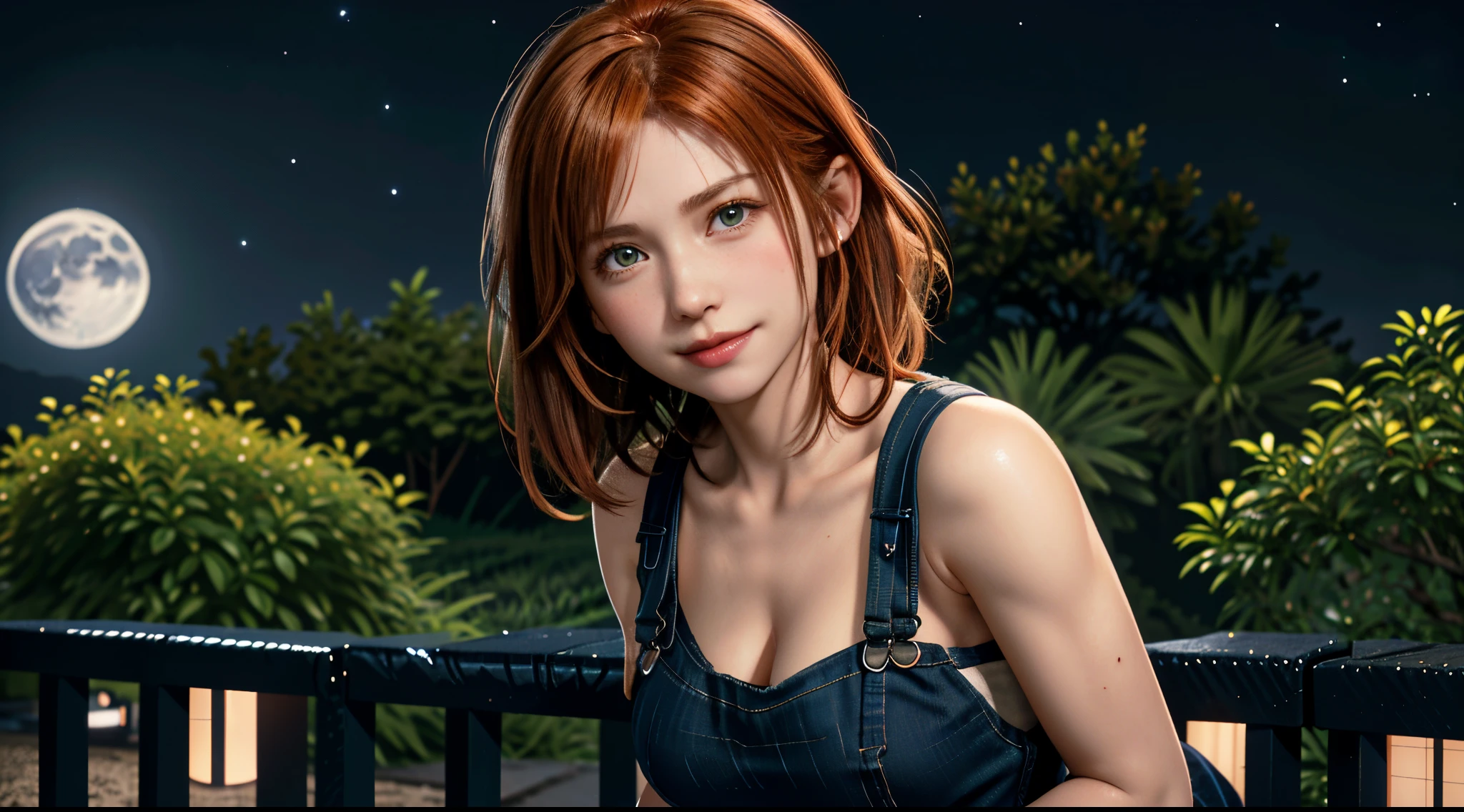 1个Giant Breast Girl, Francis, short detailed hair, orange color hair, green-eyed, freckle, ssmile, red overalls, Blue shirt, rolled up sleeves, mont, themoon, (the night:1.5), looking at viewert