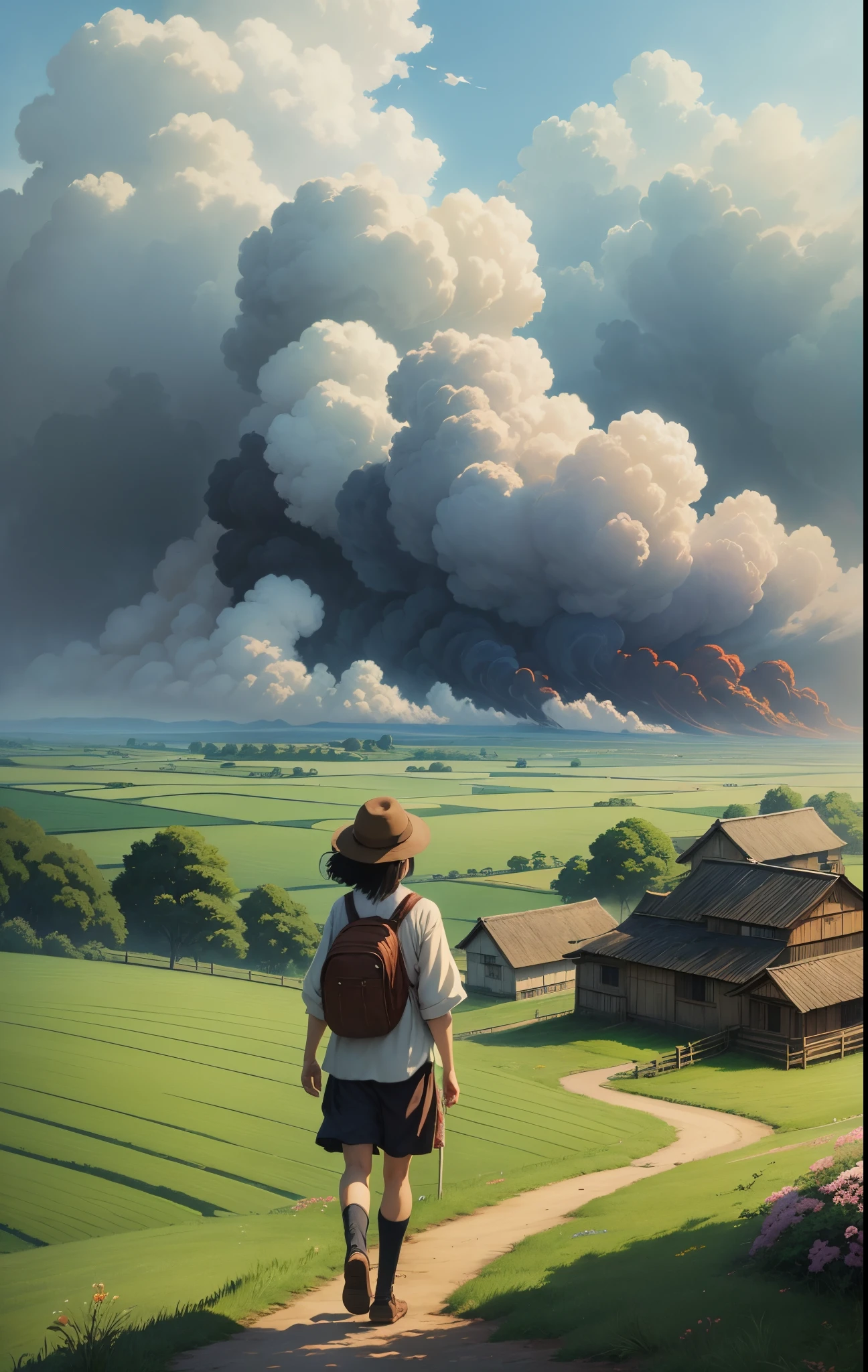 Paint a picture of countryside, smoke, breeze, Hayao Miyazaki style, full of tranquility --auto --s2