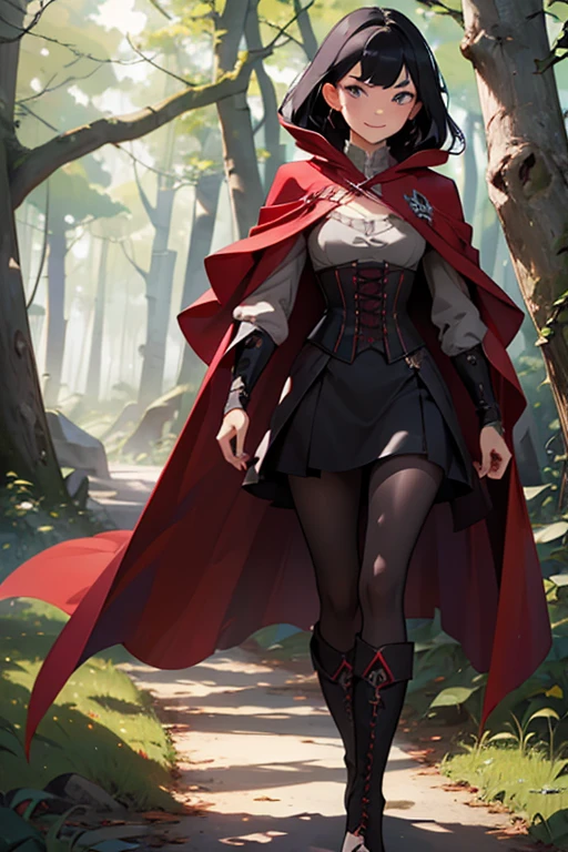 (masterpiece), (best quality), HDR, intricate detail, (ruby rose, red cape, corset, black boots, pantyhose, gradient hair, black hair, grey eyes), smile, (Haute_Couture), looking at viewer, walking through forest