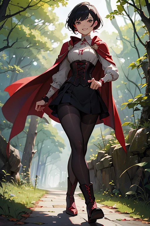 (masterpiece), (best quality), HDR, intricate detail, (ruby rose, red cape, corset, black boots, pantyhose, gradient hair, black hair, grey eyes), smile, (Haute_Couture), looking at viewer, walking through forest