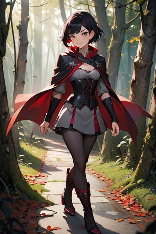 (masterpiece), (best quality), HDR, intricate detail, (ruby rose, red cape, corset, black boots, pantyhose, gradient hair, black hair, grey eyes), smile, (Haute_Couture), looking at viewer, walking through forest