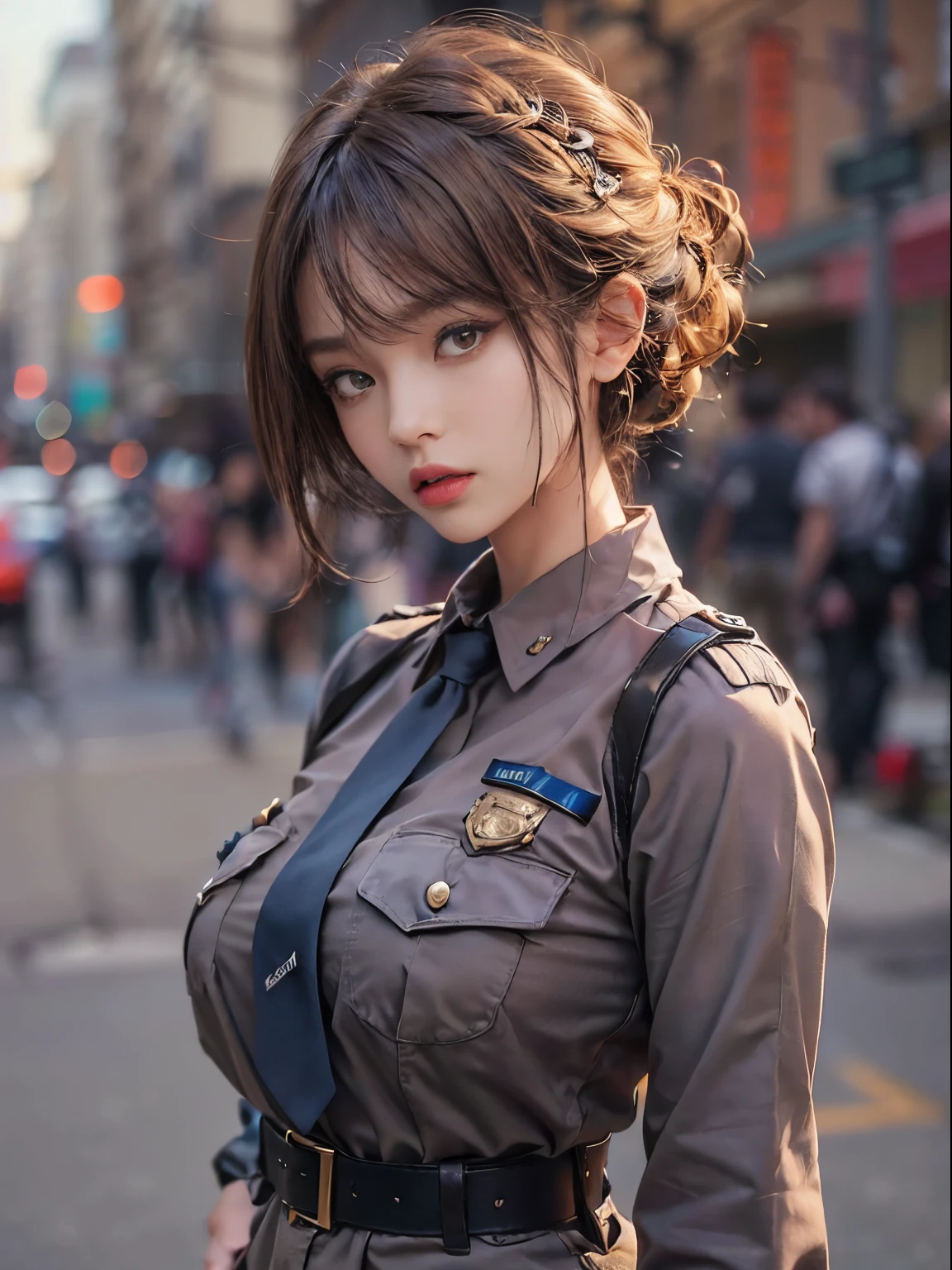 Natural and real photograph of a beautiful girl, with curly hair dressed as a policeman,