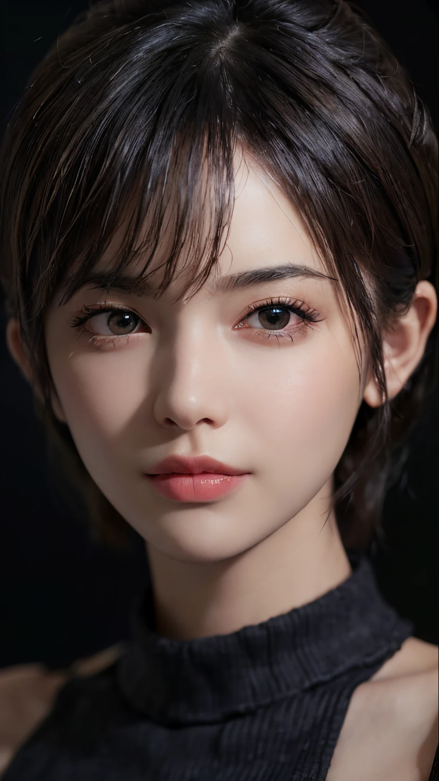 (masterpiece:1.3), (8k, photorealistic, RAW photo, best quality: 1.4), (1girl), beautiful face, (realistic face), (black hair, short hair:1.3), beautiful hairstyle, realistic eyes, beautiful detailed eyes, (realistic skin), beautiful skin, (sweater), absurdres, attractive, ultra high res, ultra realistic, highly detailed, golden ratio