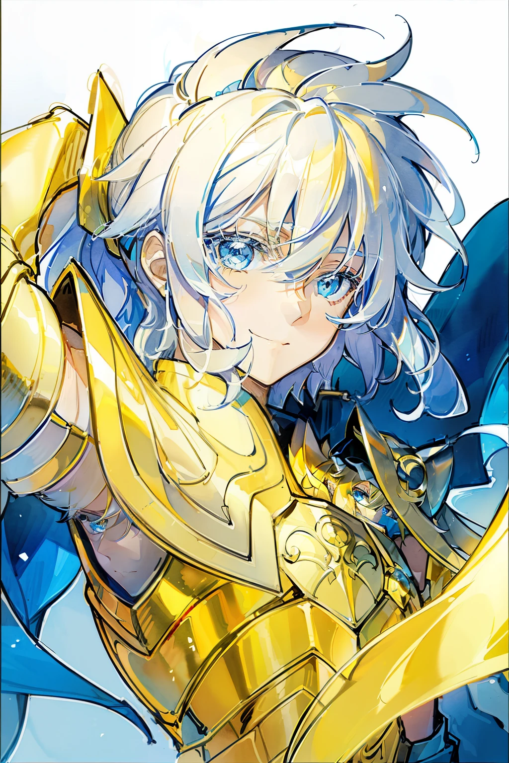 (high-quality, breathtaking),(expressive eyes, perfect face), 1boy, male, solo, armor, blue scarf, yellow hair, blonde color hair , hairstyle tied in ponytail, long hair, silver coloured eyes,( watercolor \(medium\), simple background, small smile